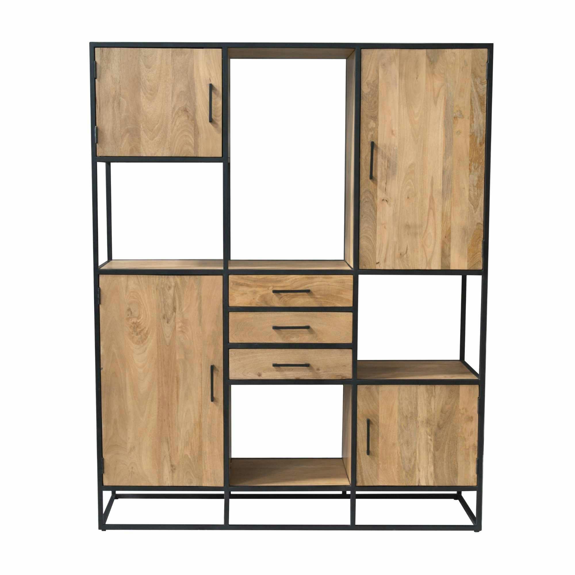 Bibliothèque XXL 4 portes bois clair et métal noir RIVANO, PIER IMPORT