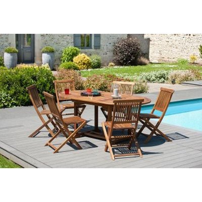 Salon de jardin table d'extérieur extensible ovale 120/180x90cm 6 chaises pliantes en bois de teck huilé MACAO PIER IMPORT