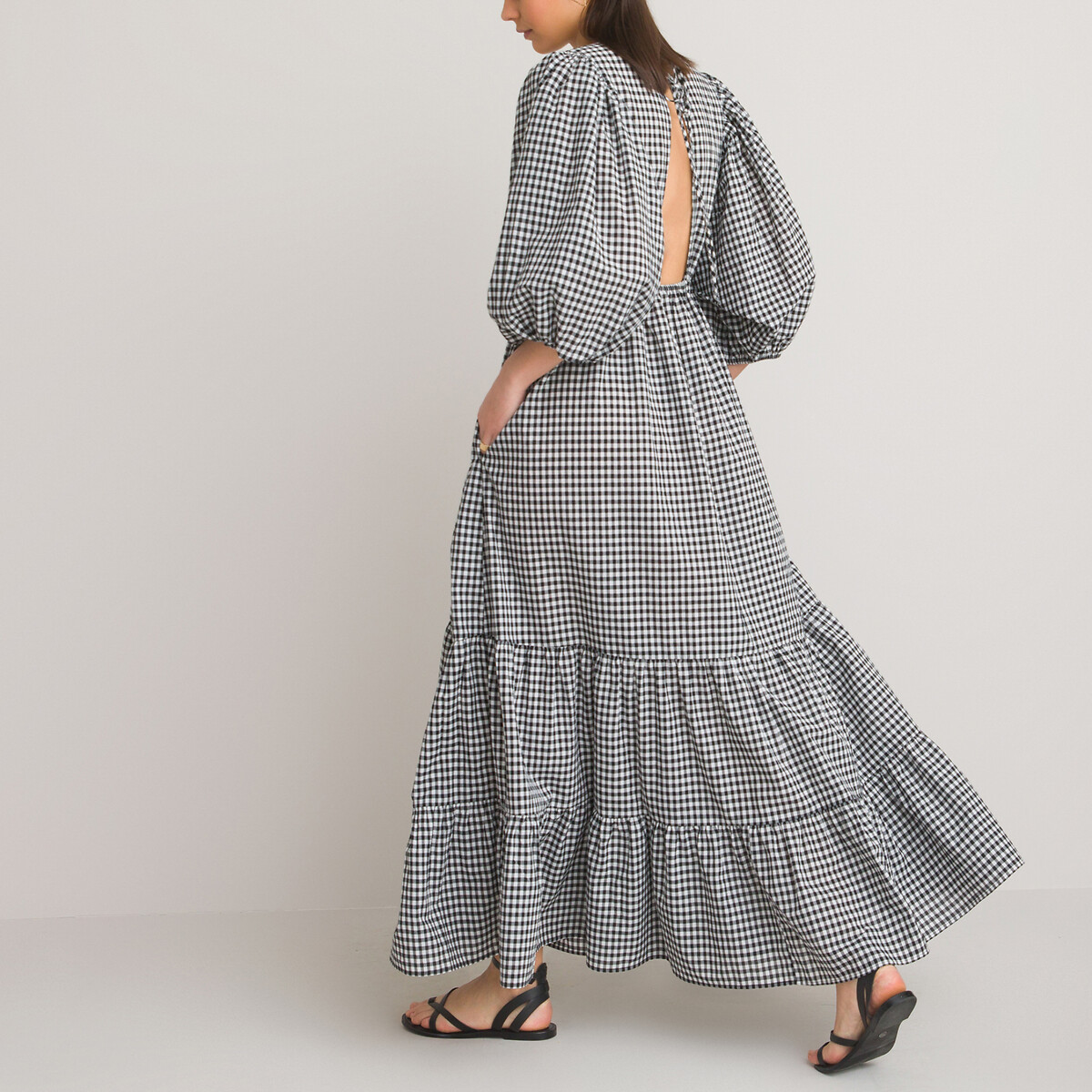 Cotton tiered maxi dress in gingham ...