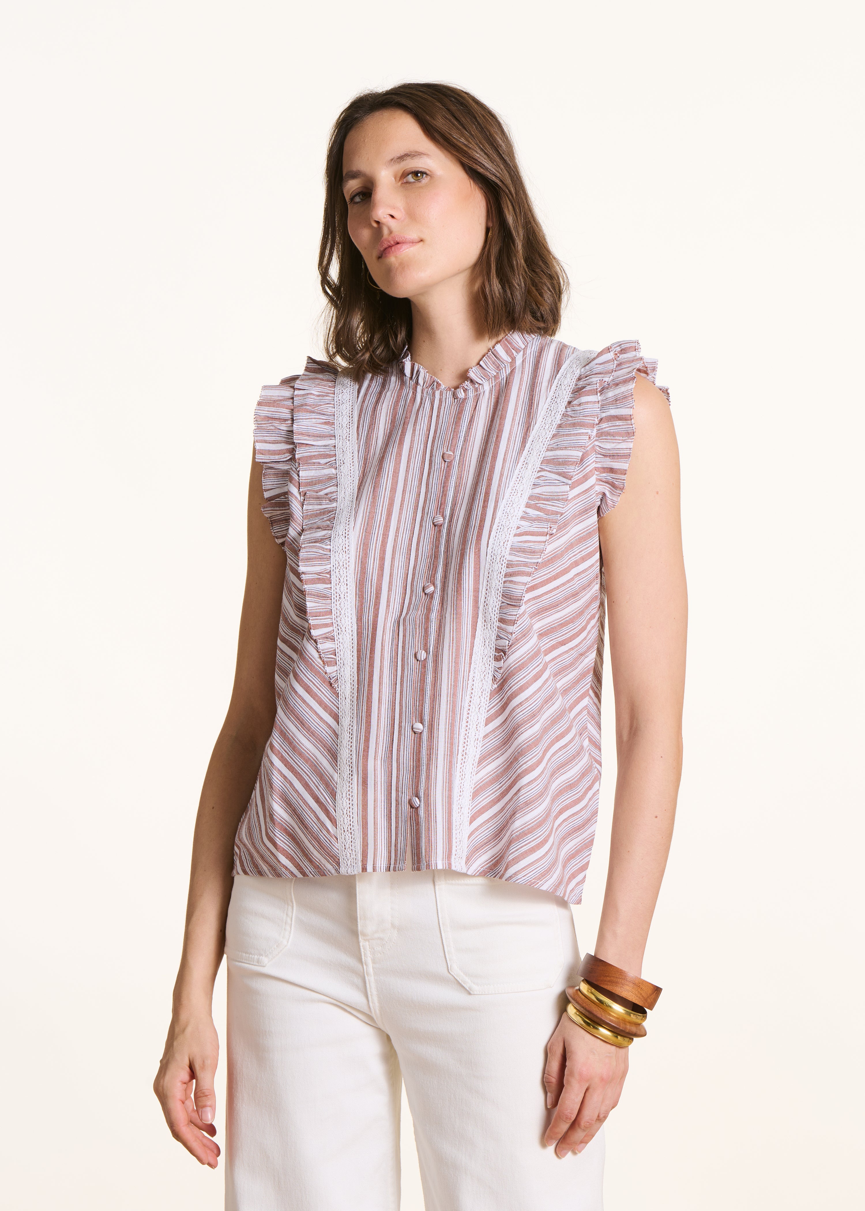 Chemise rayée à volant sans manches, LA FEE MARABOUTEE