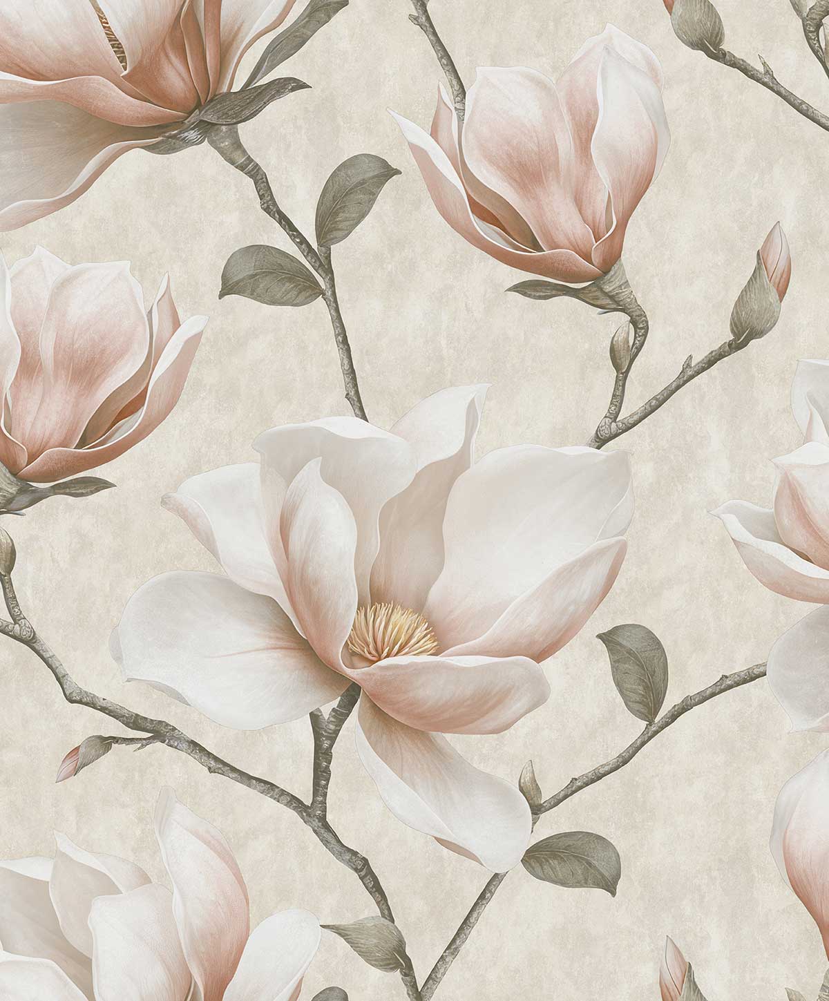Papier peint magnolia rose poudré fond crème, HEXOA
