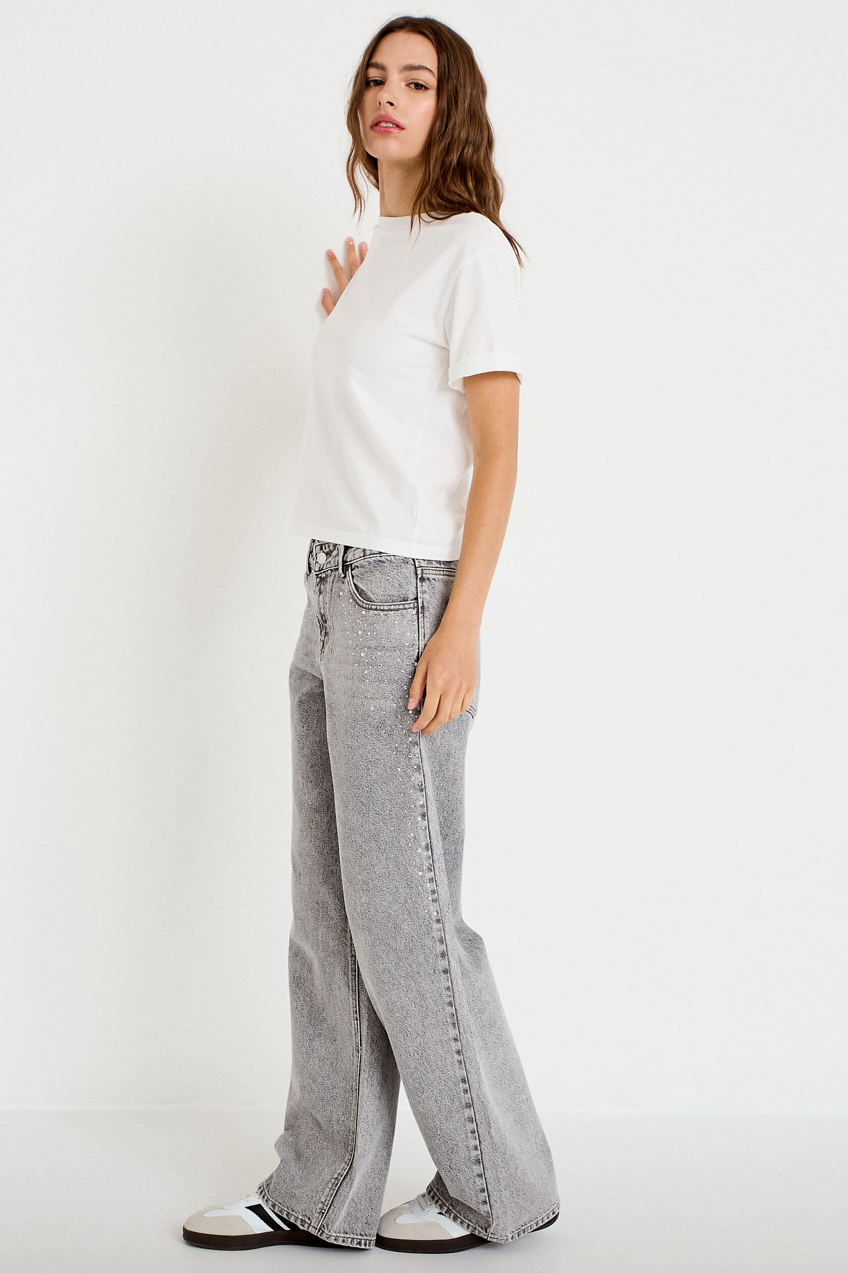 Jean wide leg taille basse strass, CACHE CACHE