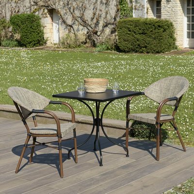 Salon de jardin table carrée noire 70x70 cm + 2 fauteuils bistrot tissu taupe GIJON PIER IMPORT