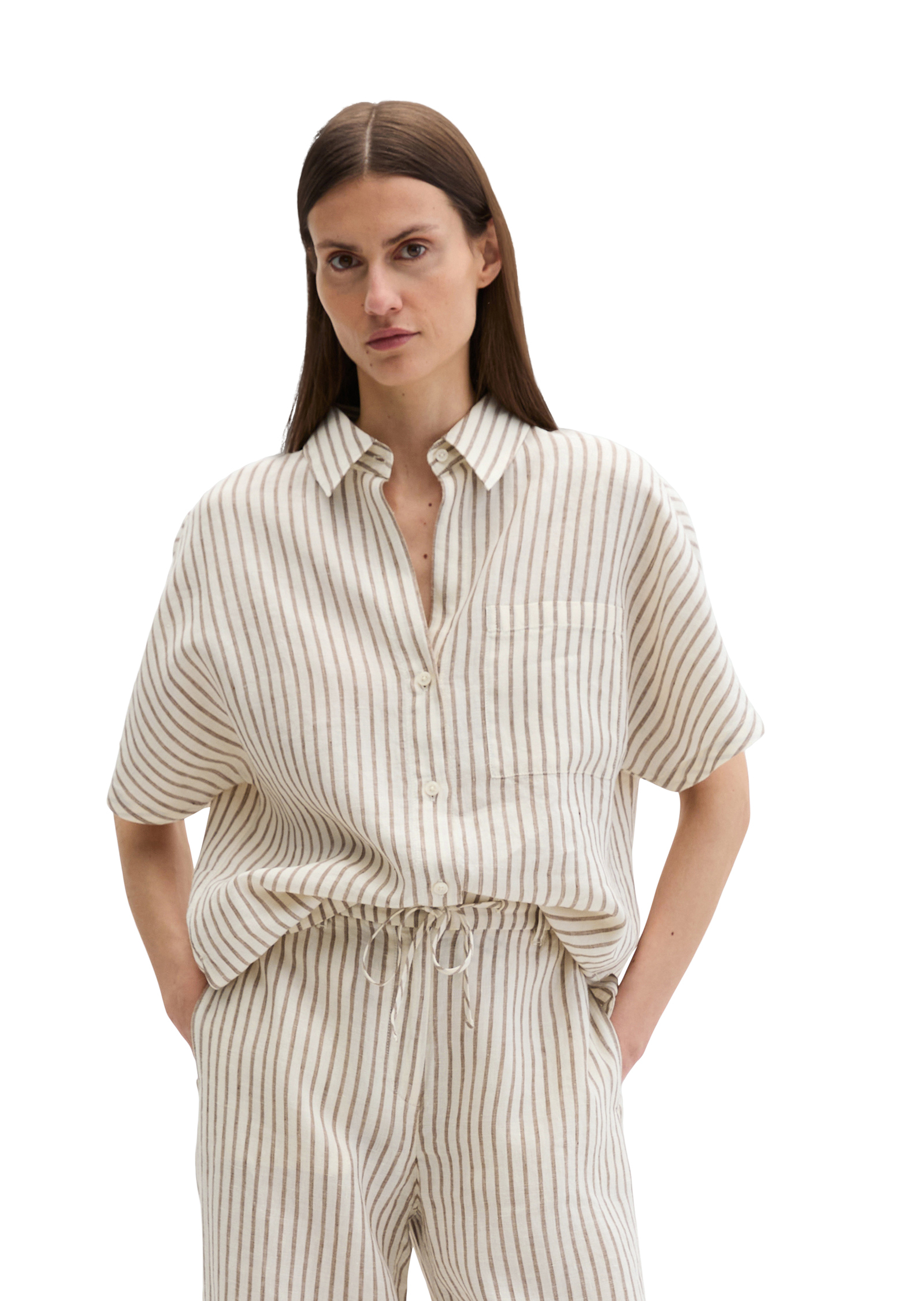Blouse en lin regular avec motif à rayures teinté dans la masse, MARC O'POLO