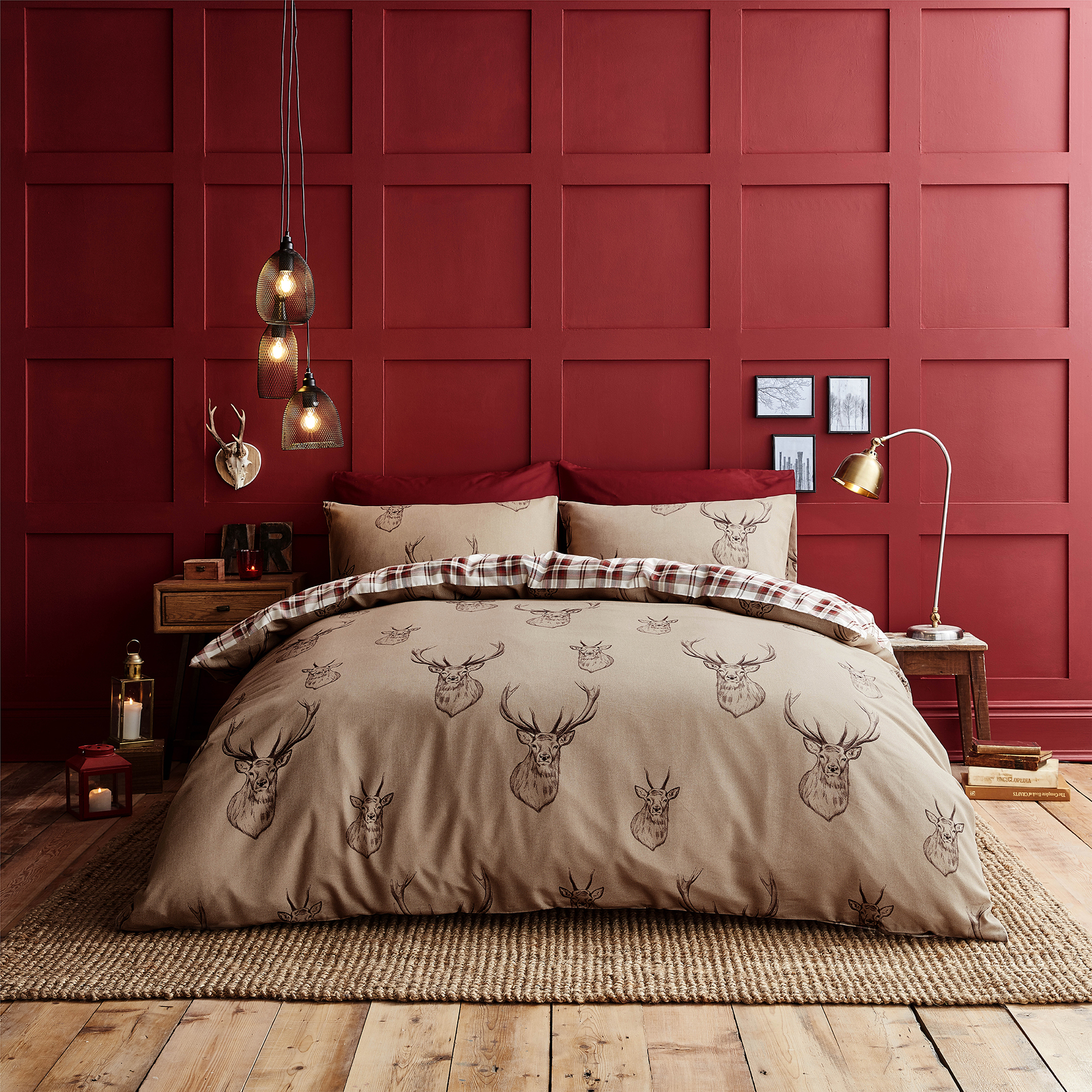 Catherine Lansfield Kelso Easy Care Double Duvet Set Red & Lansfield Easy Iron Percale Double Fitted Sheet Red