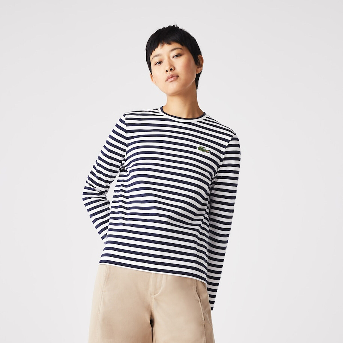 Striped Cotton T-Shirt with Crew Neck and Long Sleeves