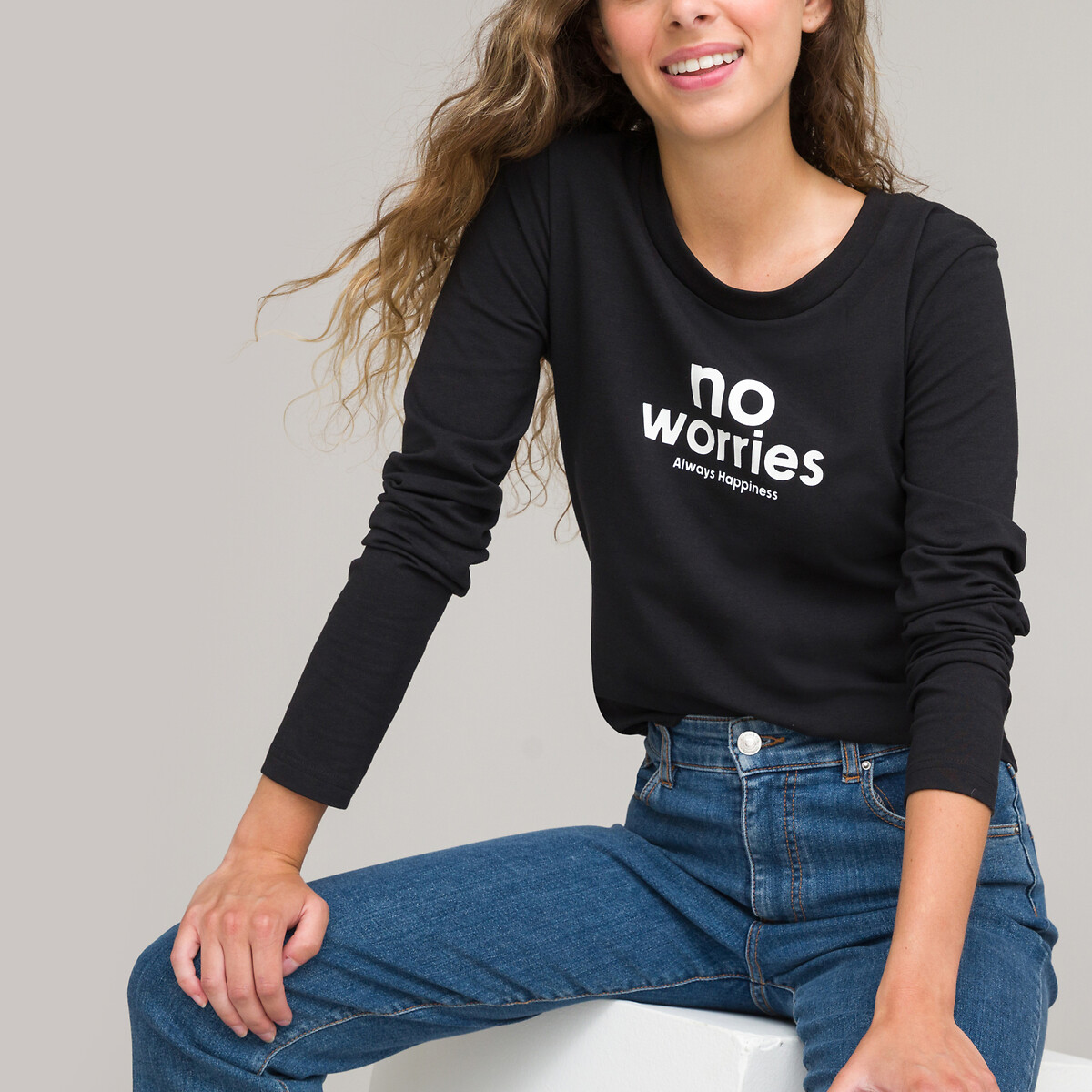 Cotton Cropped Slogan T-Shirt with Long Sleeves