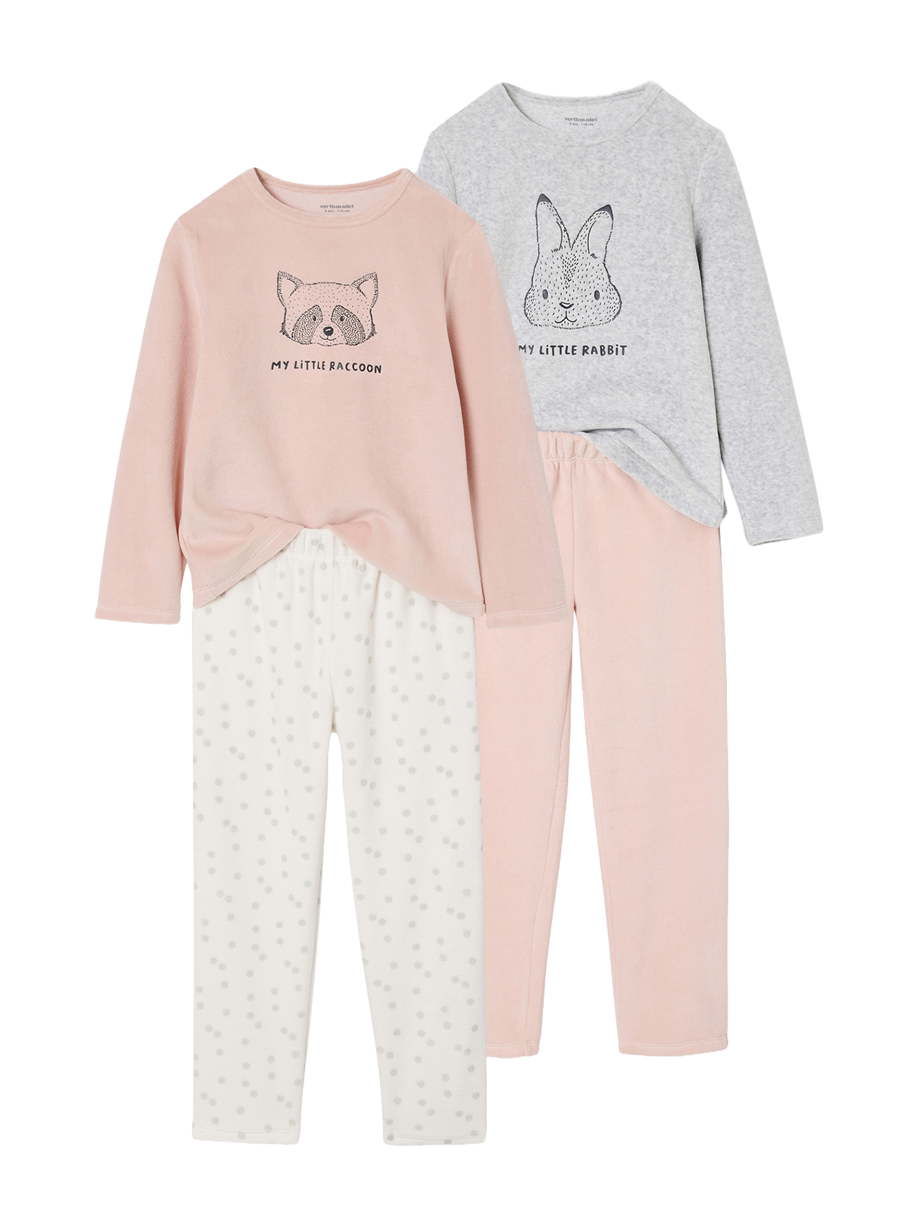 Lot de 2 pyjamas velours animaux Fille, VERTBAUDET