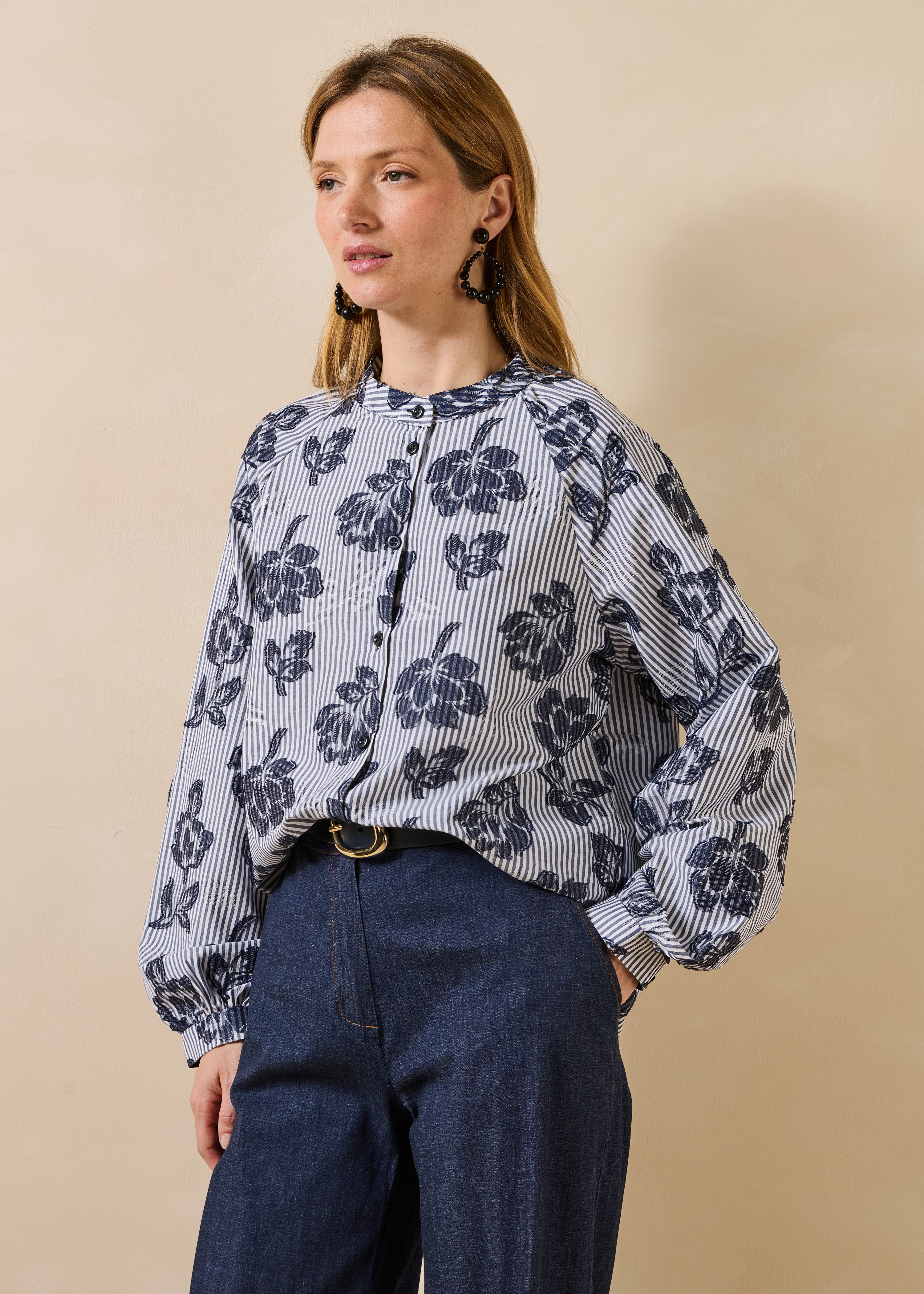 Chemise à rayures et motif en jacquard manches longues, LA FEE MARABOUTEE