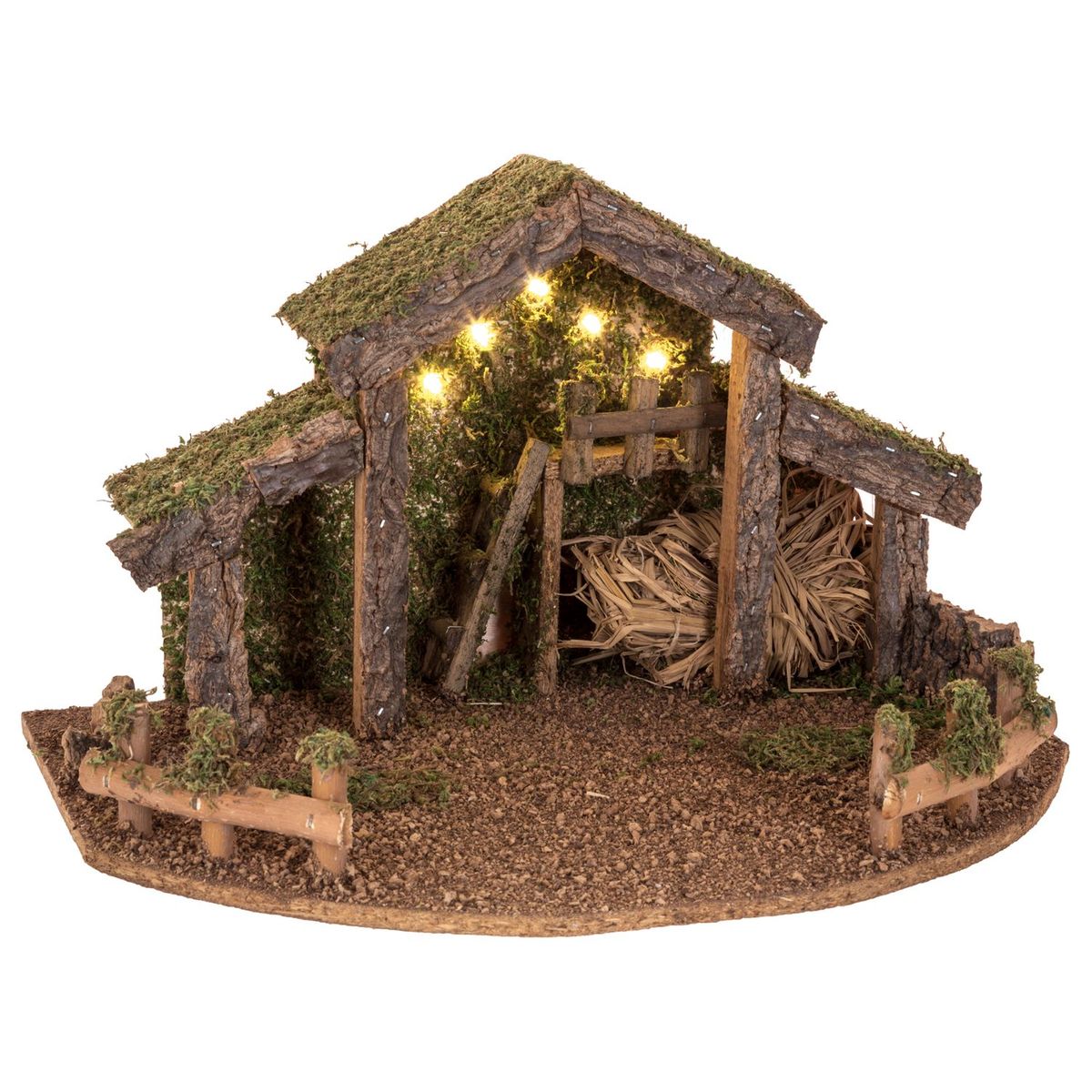 Crèche de Noël vide en bois et résine avec LED - Marron/vert - L