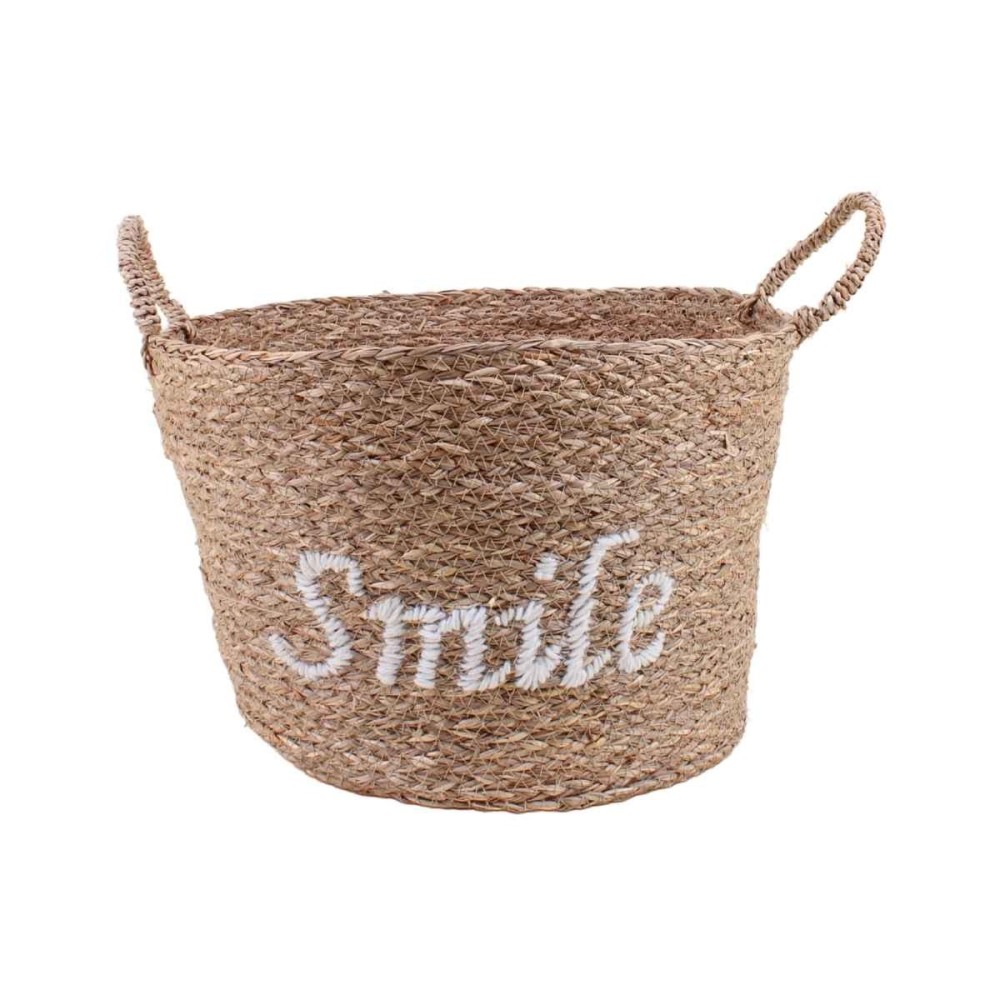 Panier rond brodé "Smile" en jonc de mer, ORNAMI