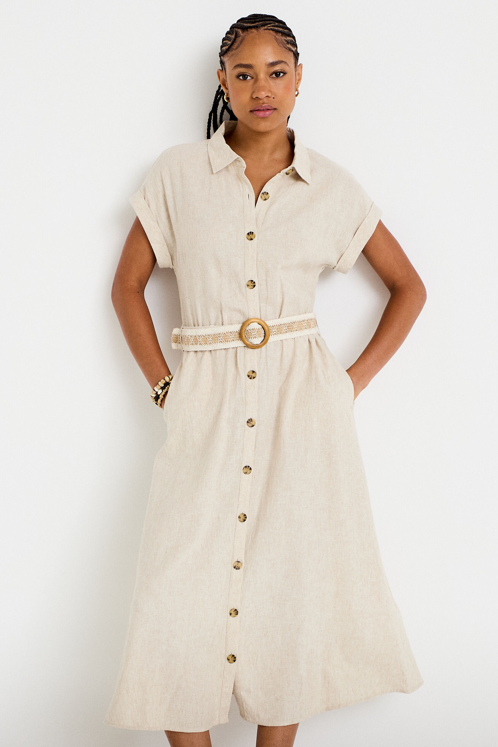 Robe évasée 3/4 col chemise ceinture, CACHE CACHE