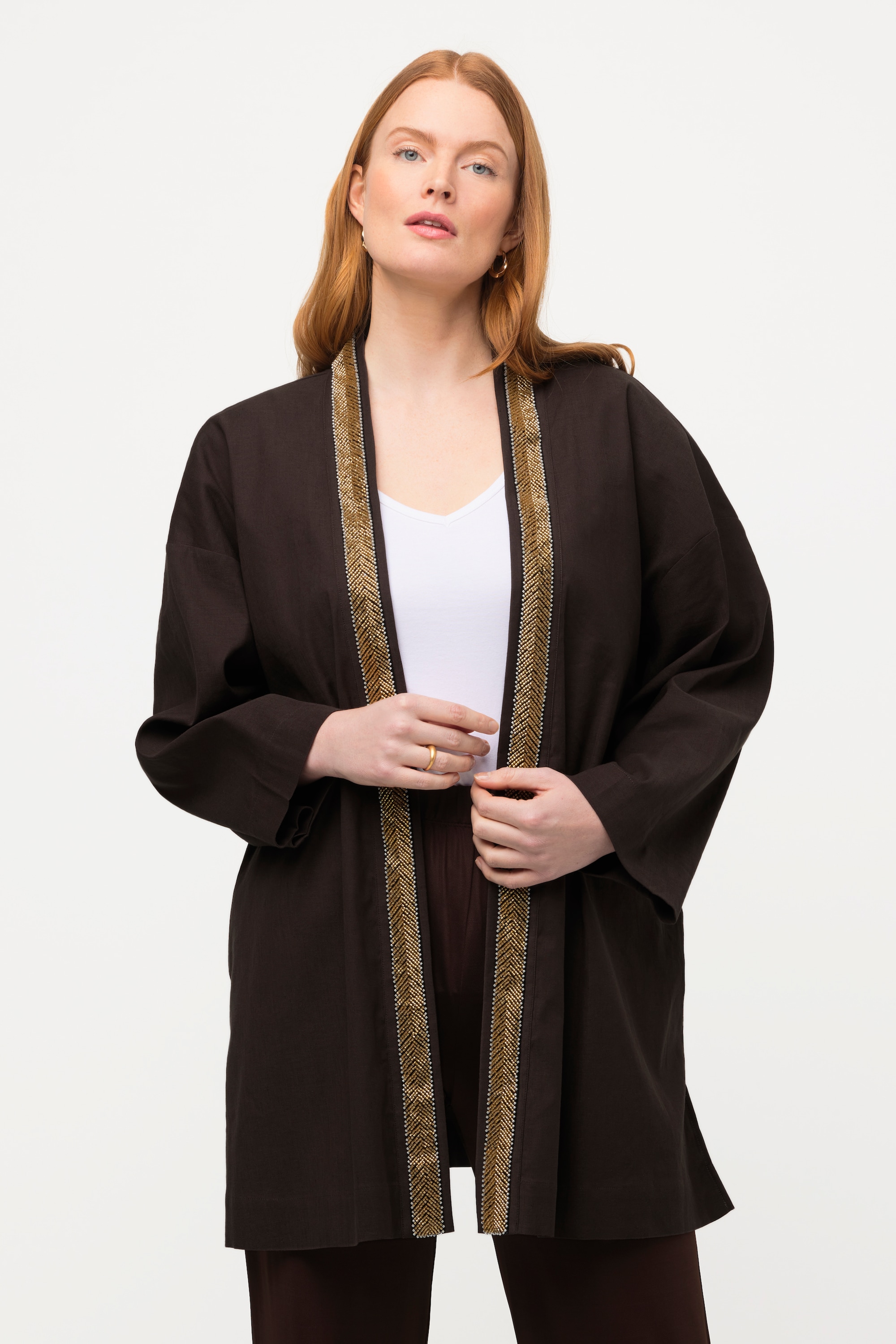 Veste kimono. Col châle. Lin mélangé. Galon, ULLA POPKEN