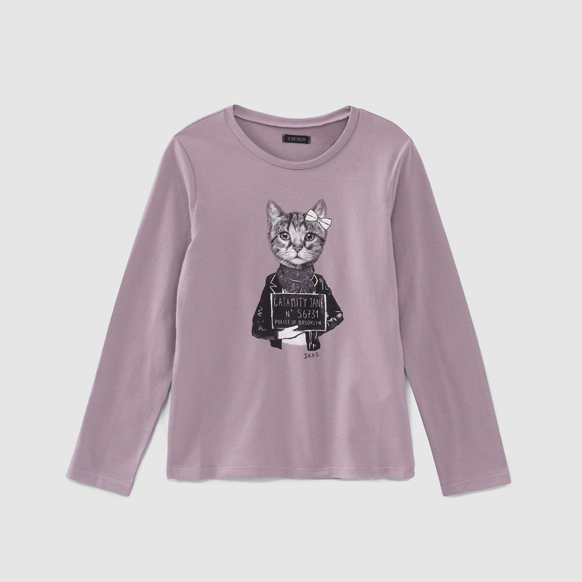 Cat Print Cotton T-Shirt with Long Sleeves