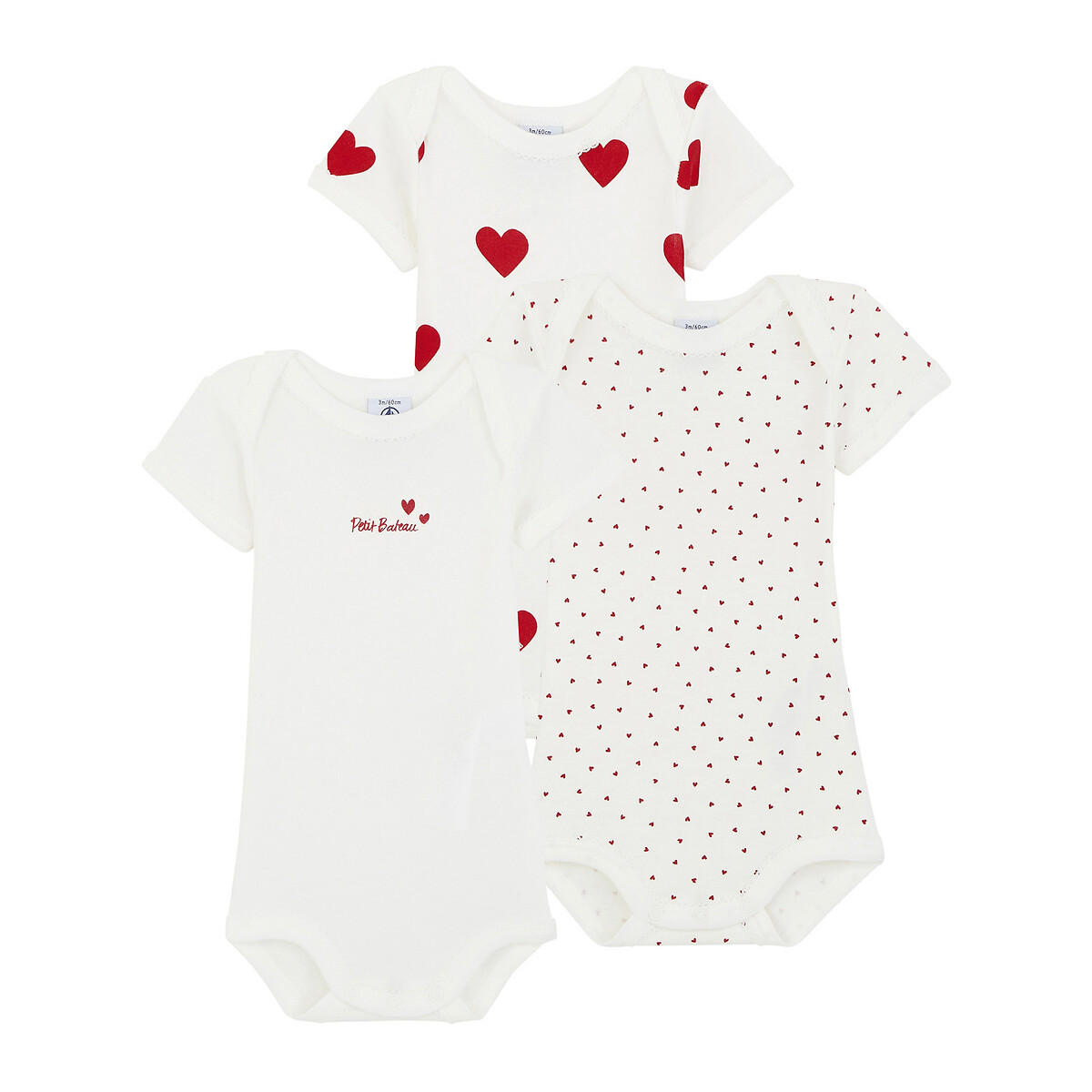 Pack 3 bodysuits with short sleeves in organic cotton, 3 heart print Petit Bateau | La Redoute