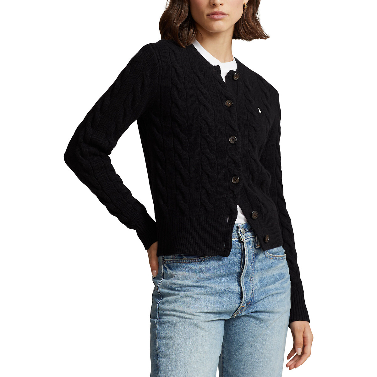 Wool/Cashmere Buttoned Cardigan in Cable Knit with Crew Neck