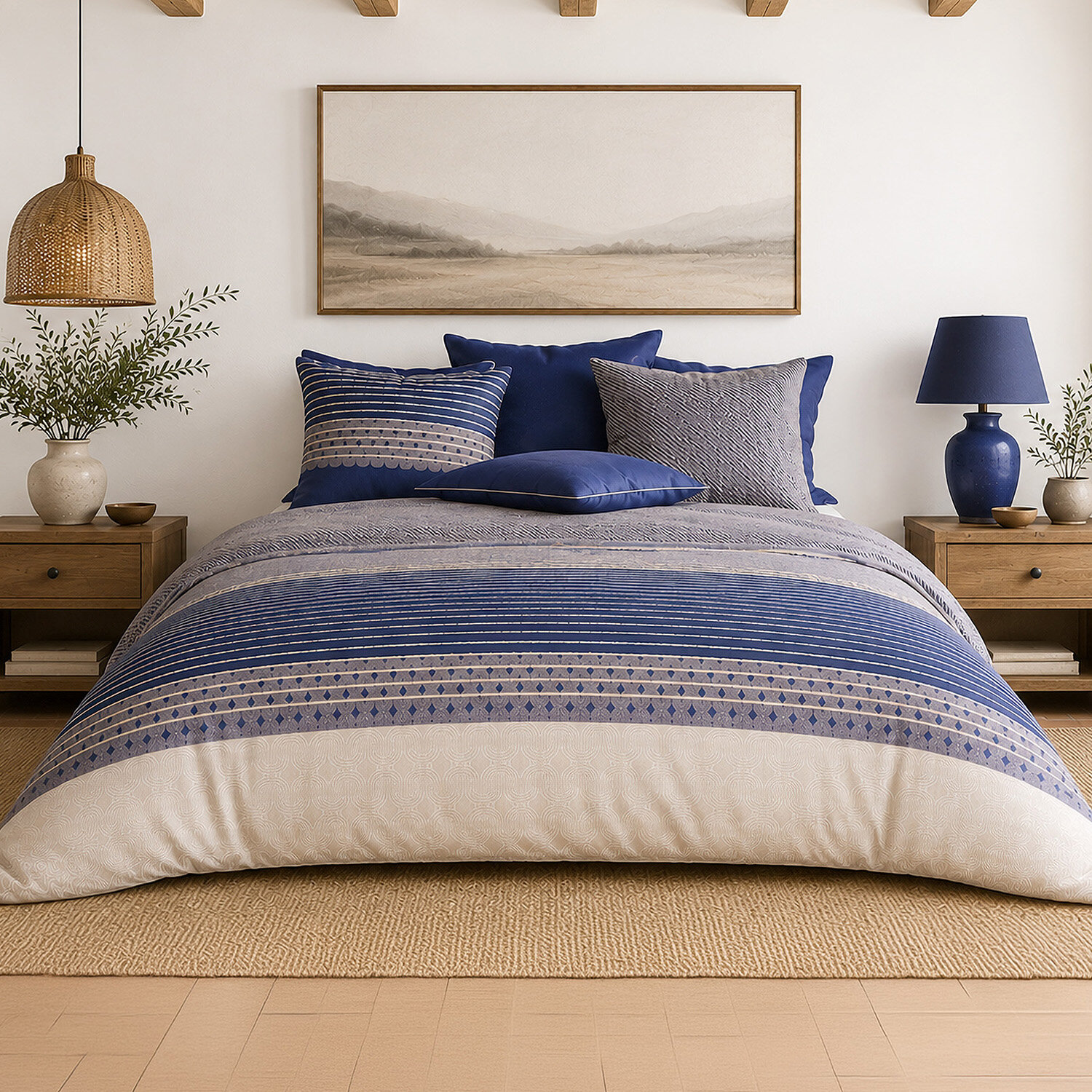 Parure de lit en percale de coton rayures horizontales, BLEVARIS, ATELIER DU COTON