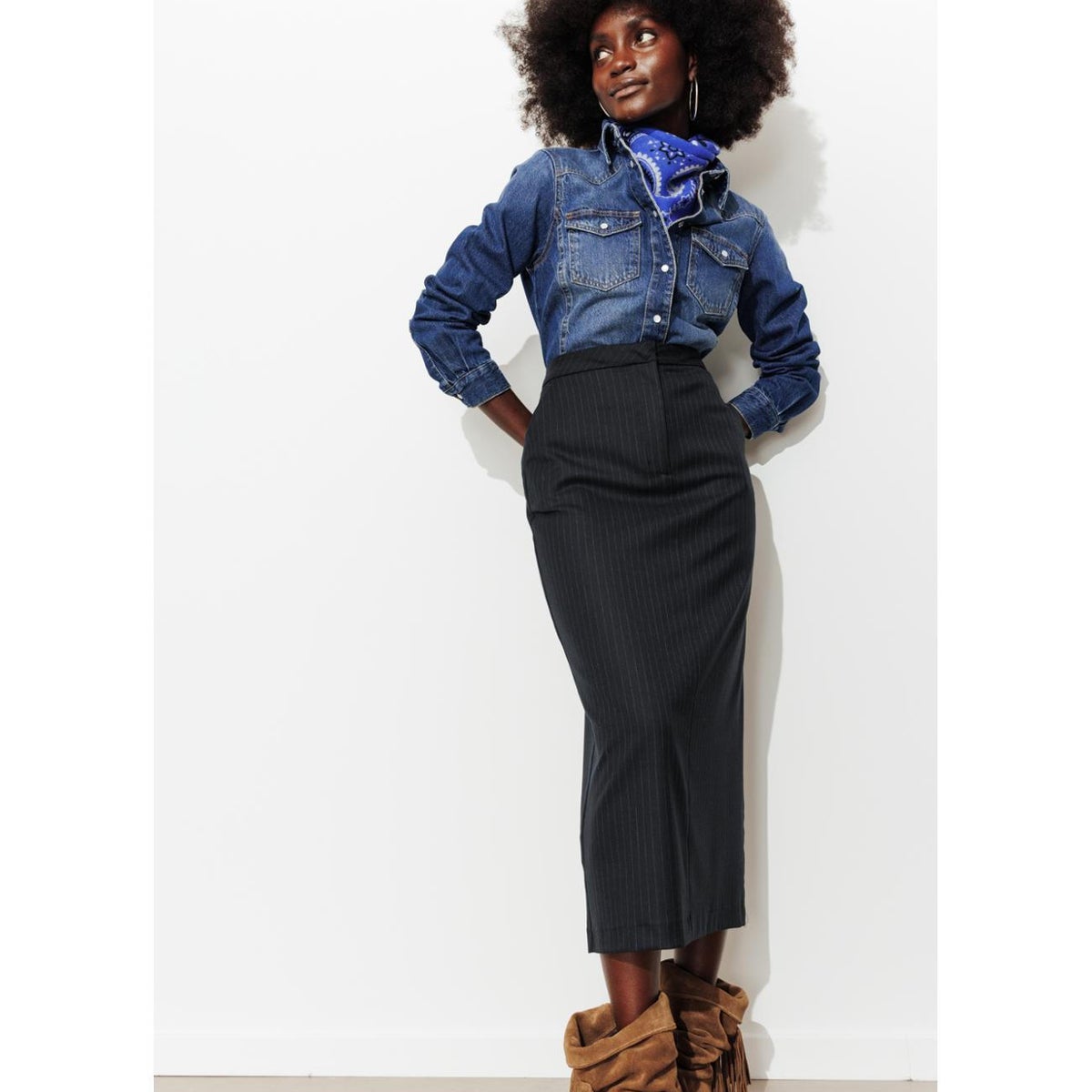 Jupe midi crayon rayée, PROMOD