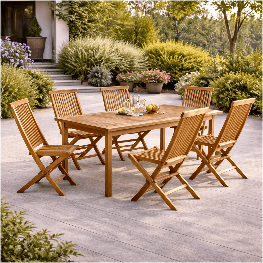 Ensemble table de jardin en teck Frida 200 et 6 chaises Audrey, WANDA COLLECTION