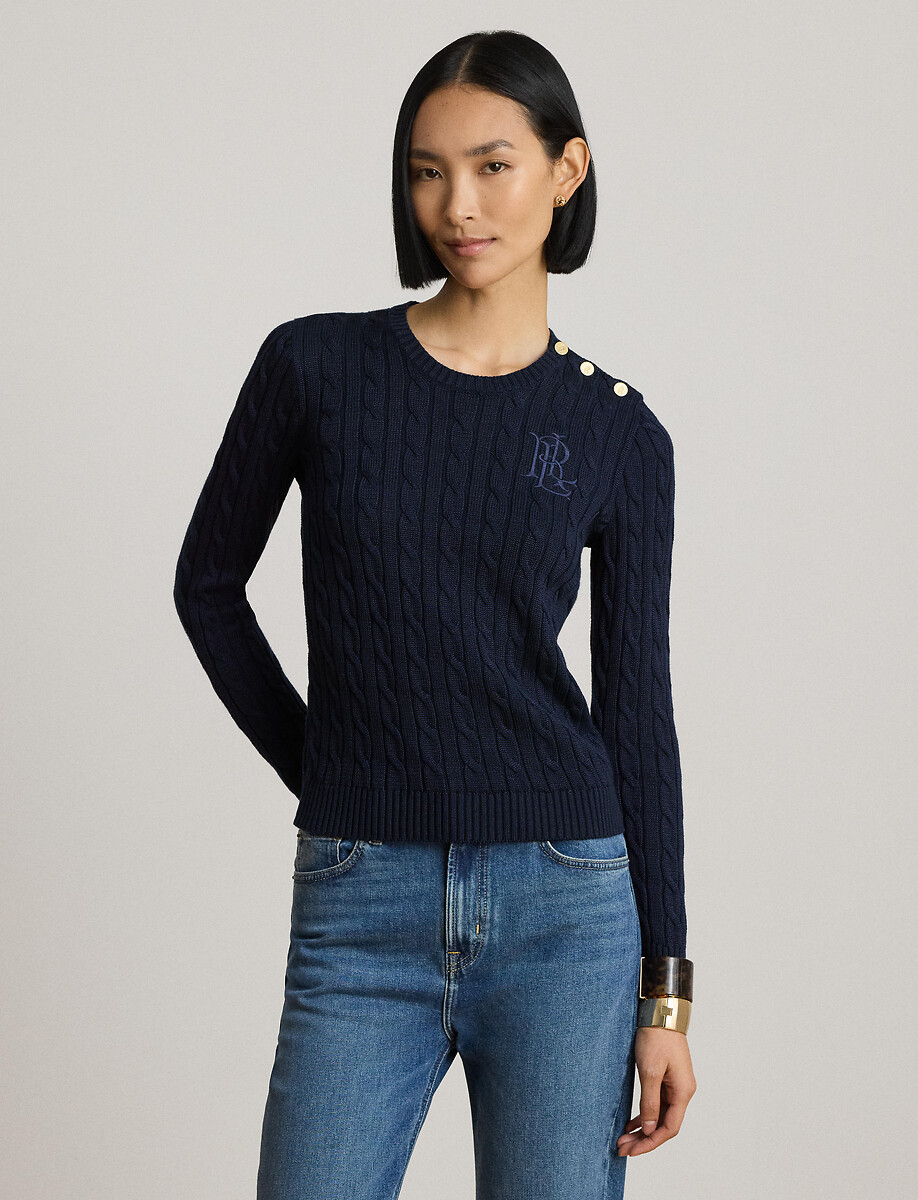 Pull col rond torsadé à manches longues et boutons, LAUREN RALPH LAUREN