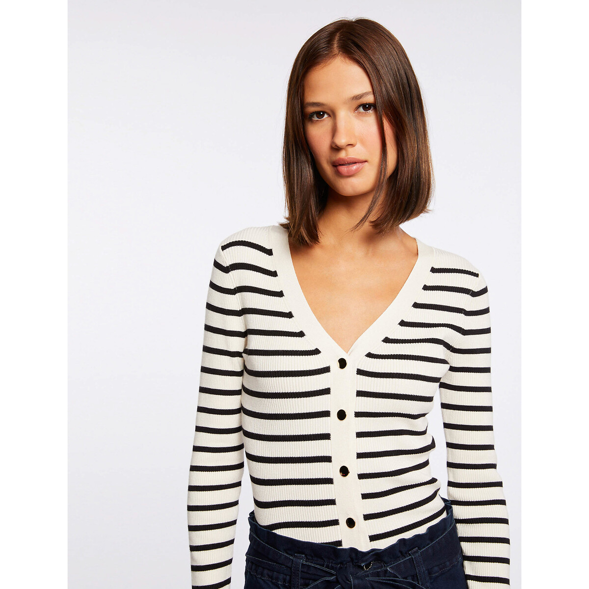Image of Milia Striped Short Cardigan in Fine Knit