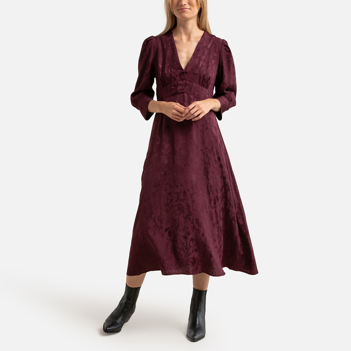 Jacquard Satin Midi Dress with 3/4 Length Sleeves