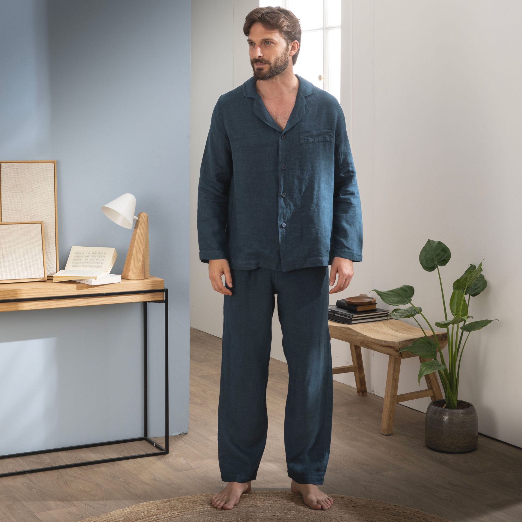 Veste de pyjama en lin coupe homme, RÊVE DE LIN, BLANC CERISE