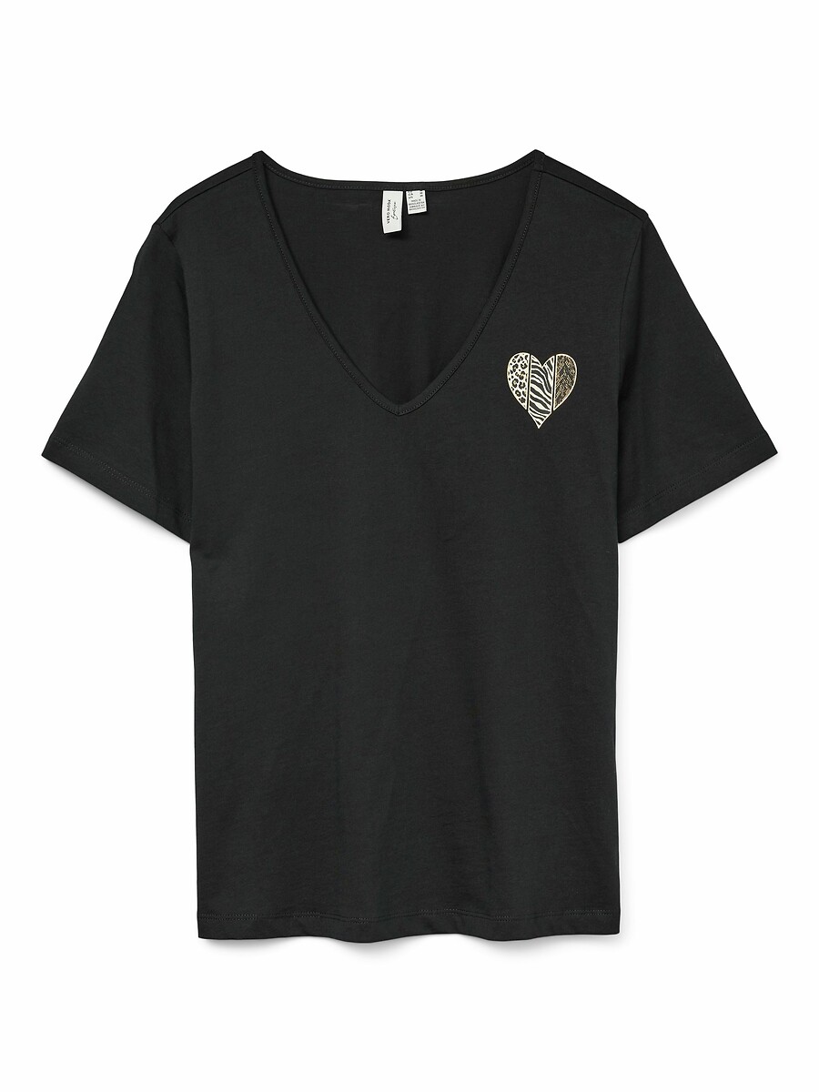 T-shirt met V-hals en hart op borst, VERO MODA