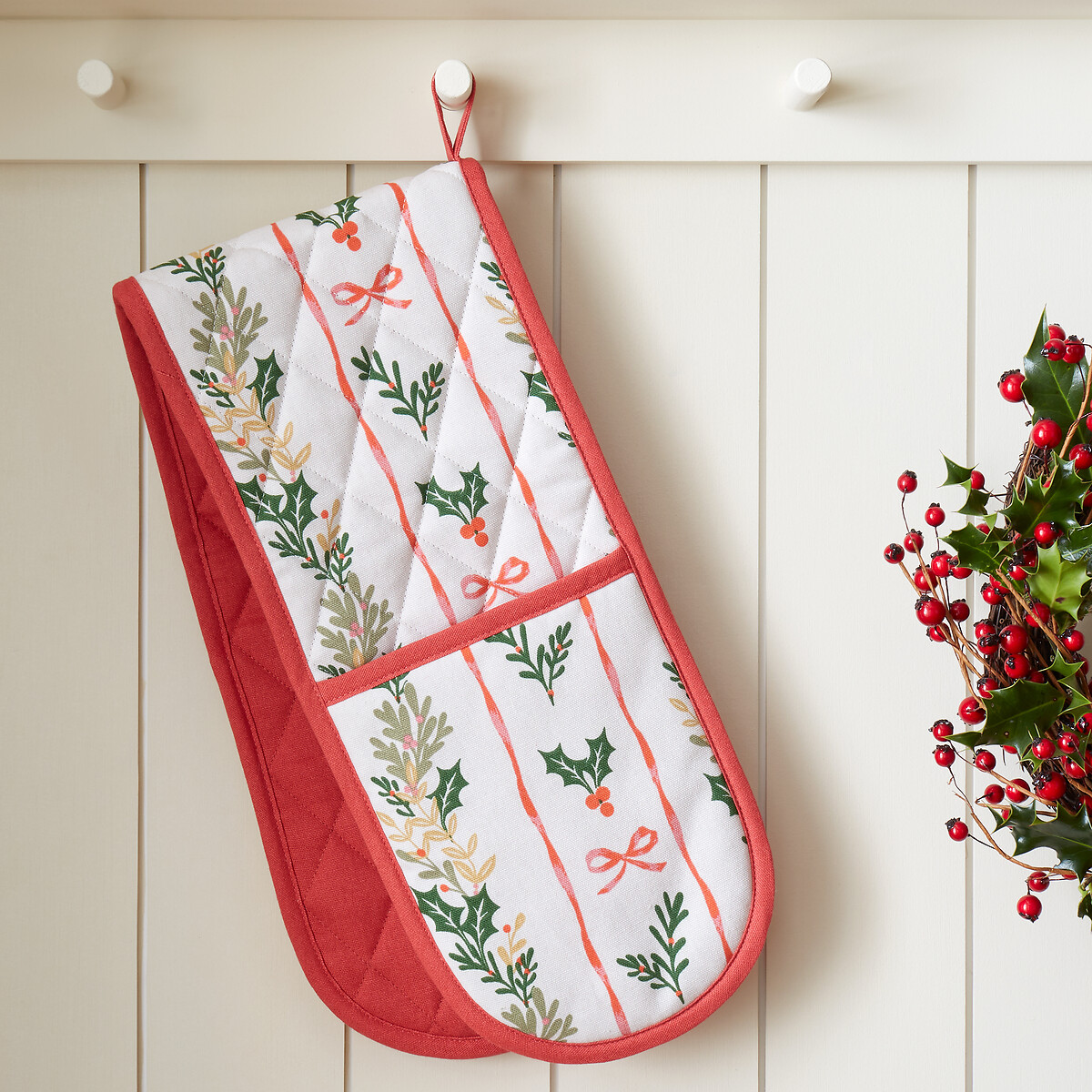 Holly Stripe Christmas Cotton Kitchen Oven Glove, CATHERINE LANSFIELD