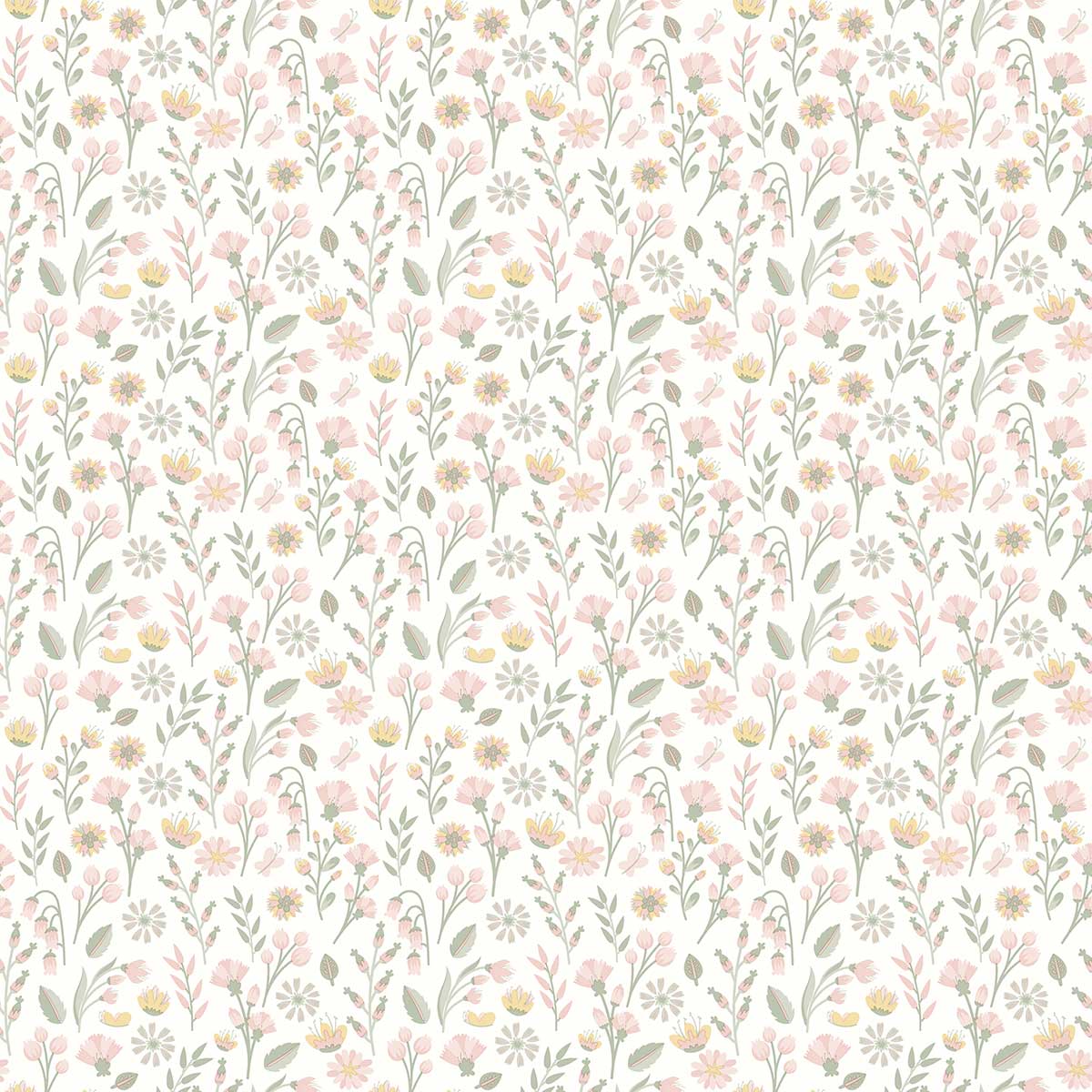 Papier peint fleuri prairie pastel fond blanc, HEXOA