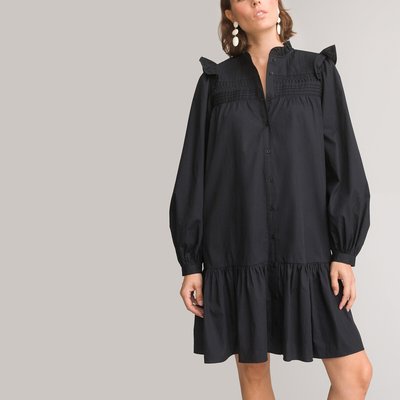 Cotton Ruffle Mini Dress with Long Sleeves LA REDOUTE COLLECTIONS