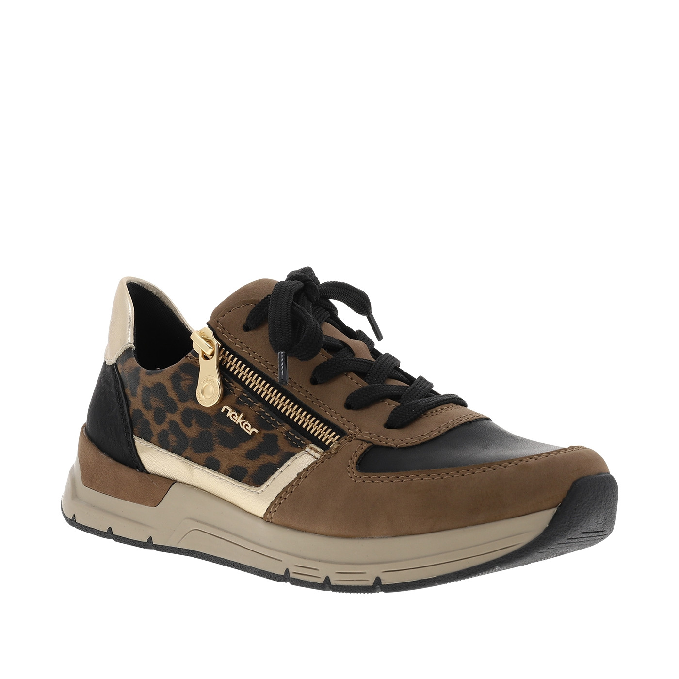 Baskets running léopard à talon plat avec des lacets et un zip latéral, RIEKER