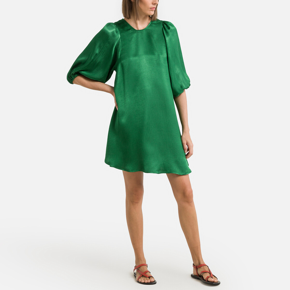 Shaning mini shift dress with short sleeves, green, American