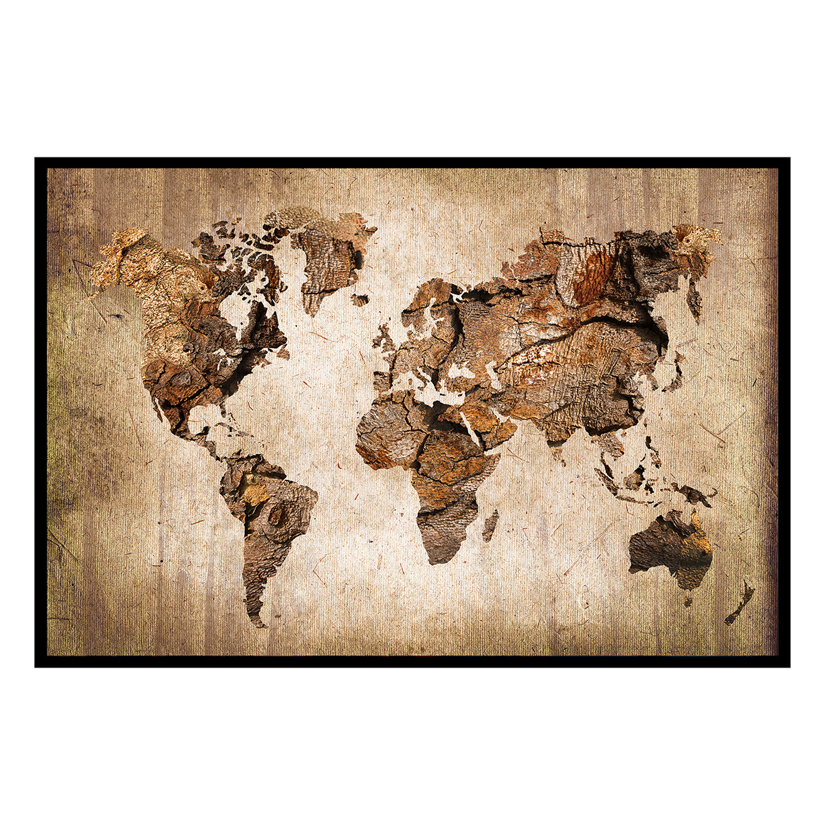 Affiche encadrée carte du monde bois rustique, HEXOA