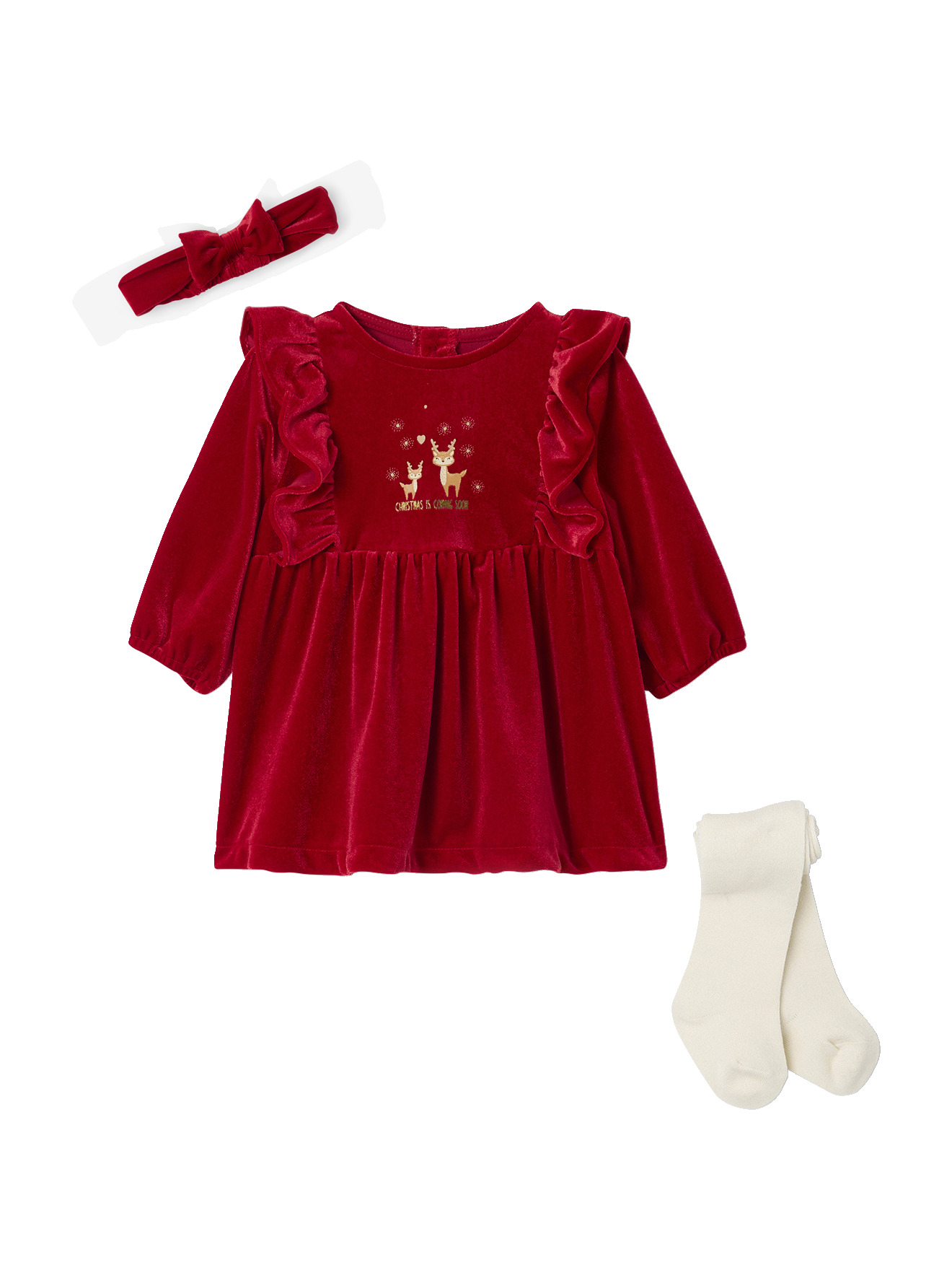 Ensemble naissance 3 pièces noël robe bandeau collants, VERTBAUDET