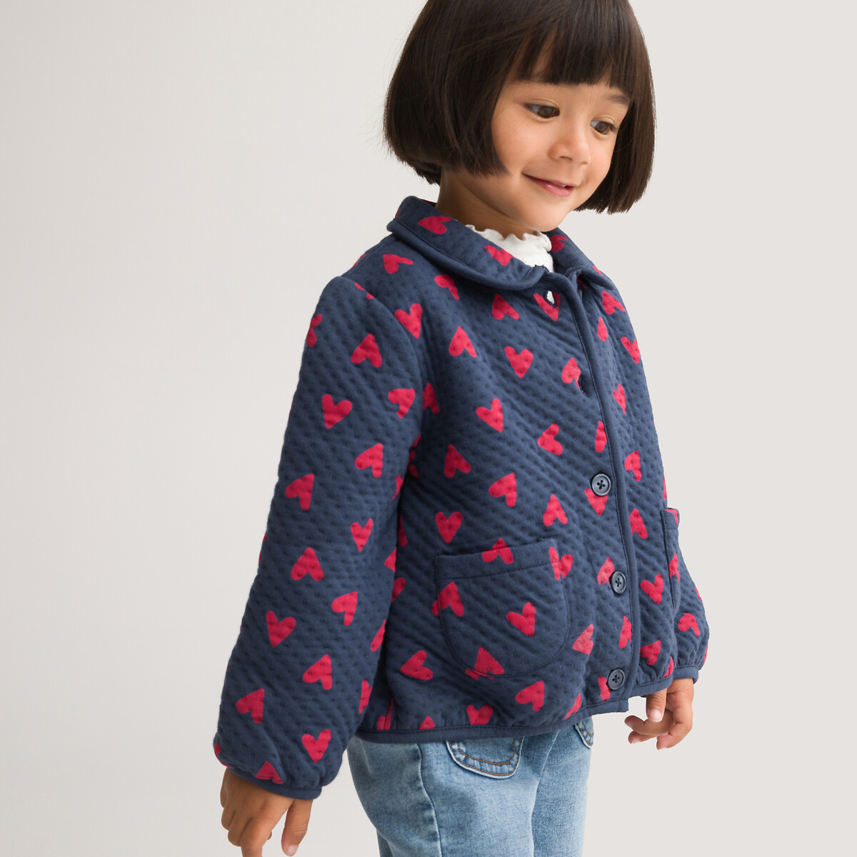 Heart Print Buttoned Sweatshirt in Cotton Mix with Peter Pan Collar