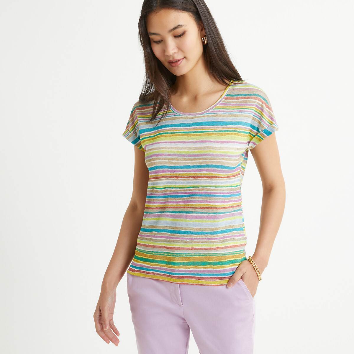 Striped Linen T-Shirt with Crew Neck and Short Sleeves