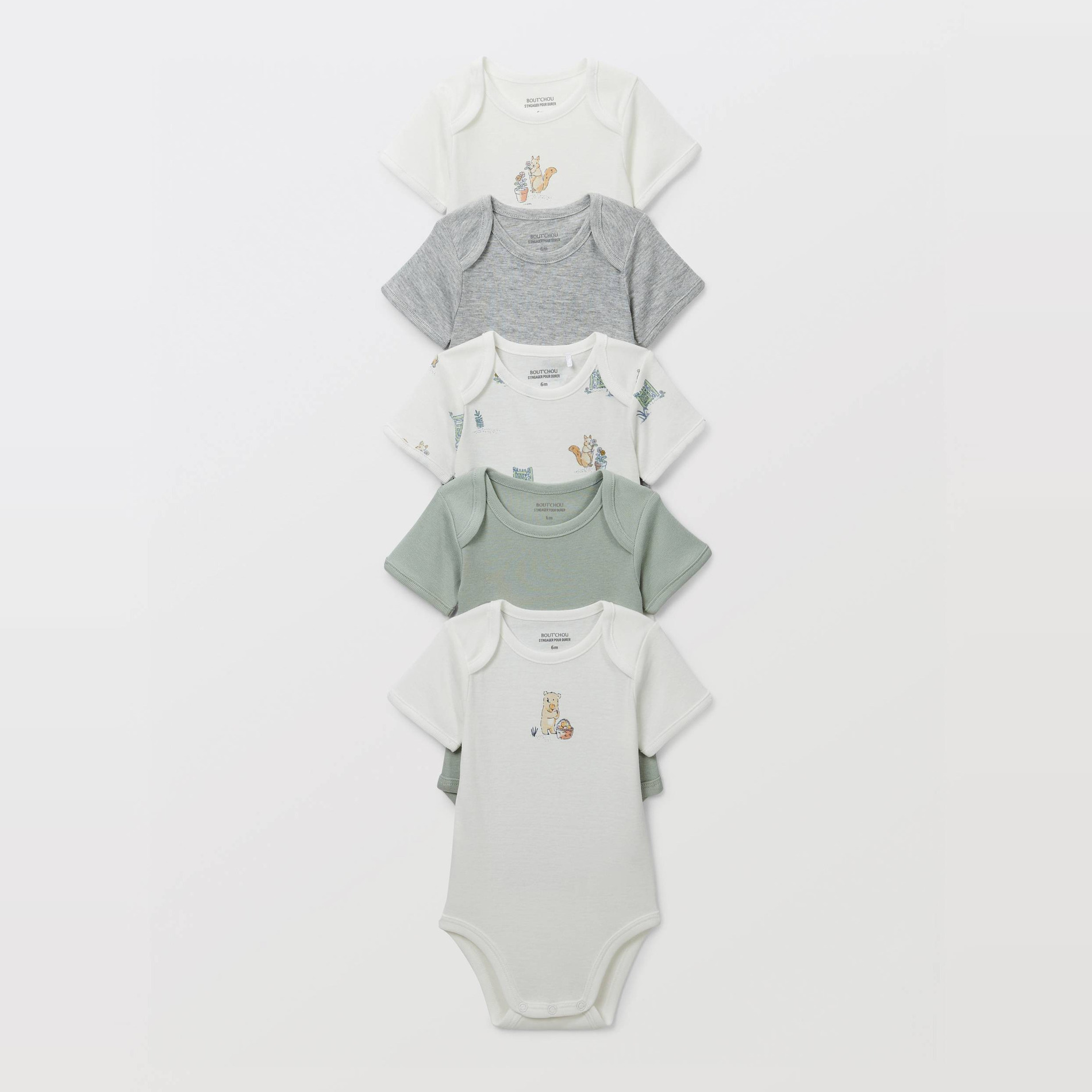 Lot de 5 bodies manches courtes imprimé en coton BIO GOTS, BOUT'CHOU