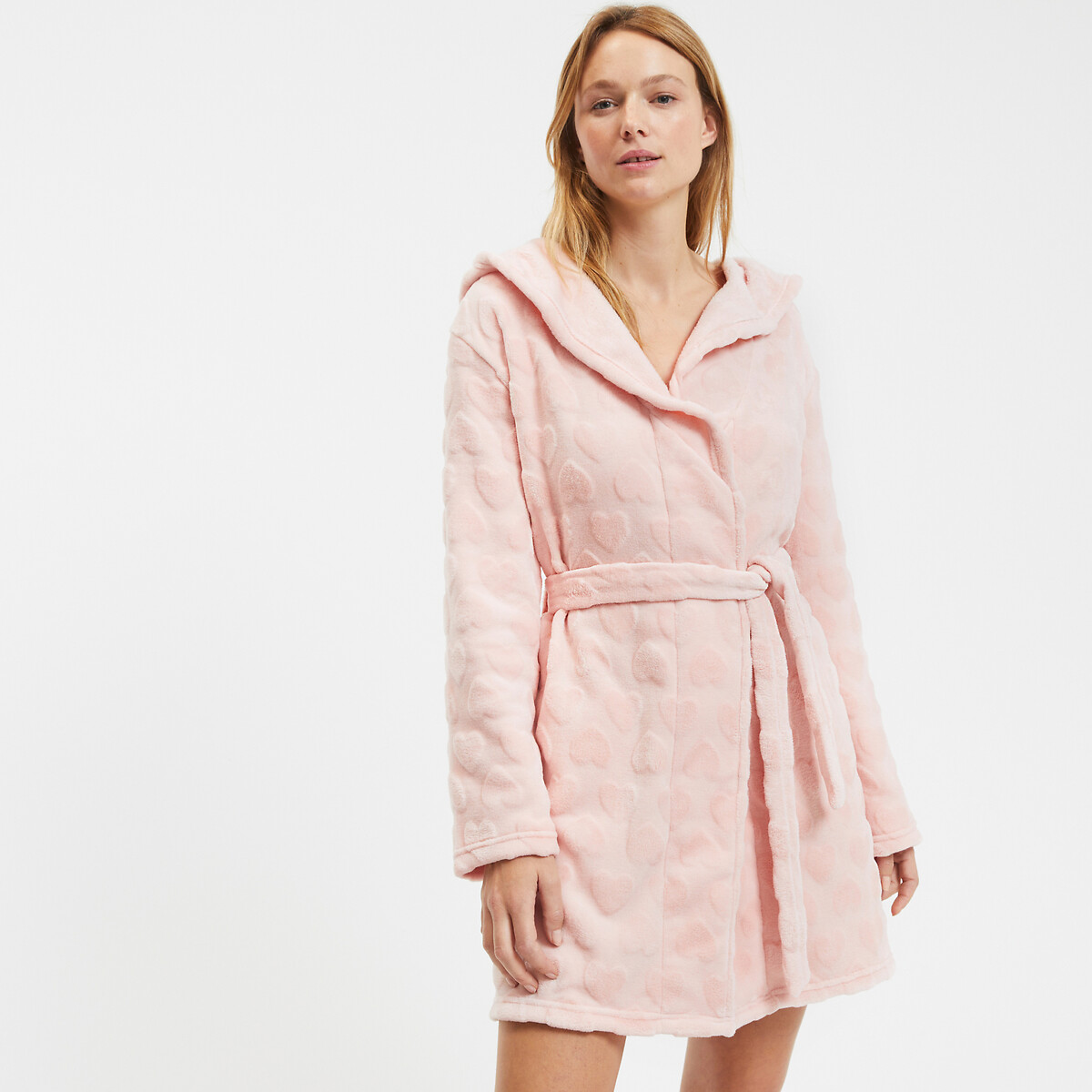Kamerjas met kap, in fleece met harten in reliëf