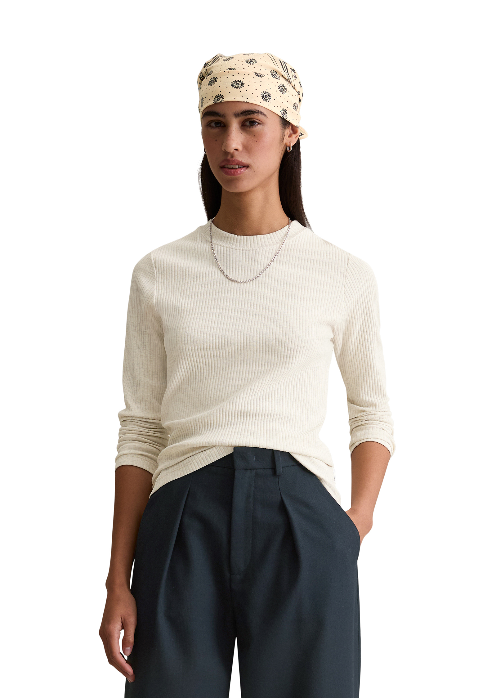 T-shirt long en jersey côtelé slim en coton bio mélangé et élastique, MARC O’POLO DENIM