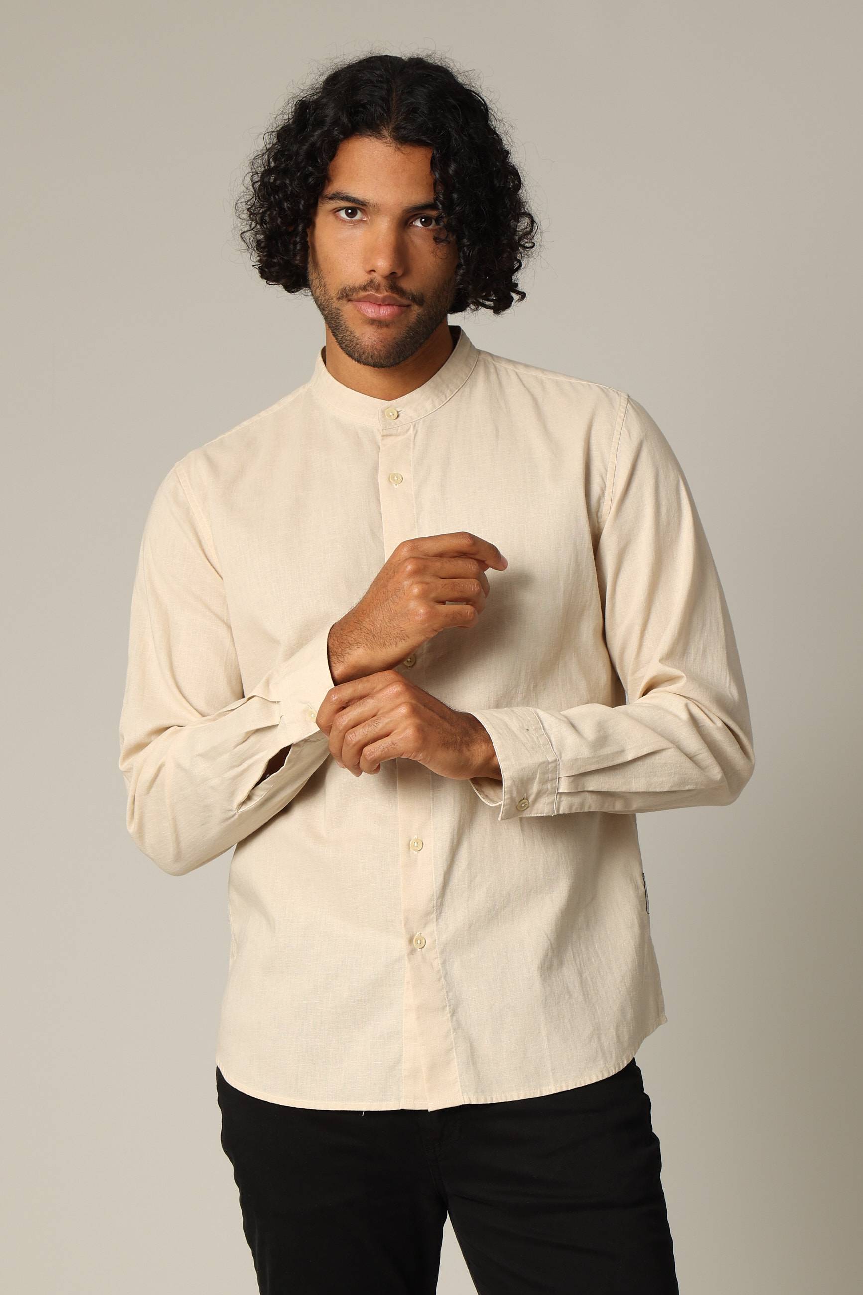 Chemise unie en lin avec col mao et manches longues SMITHY, DEELUXE