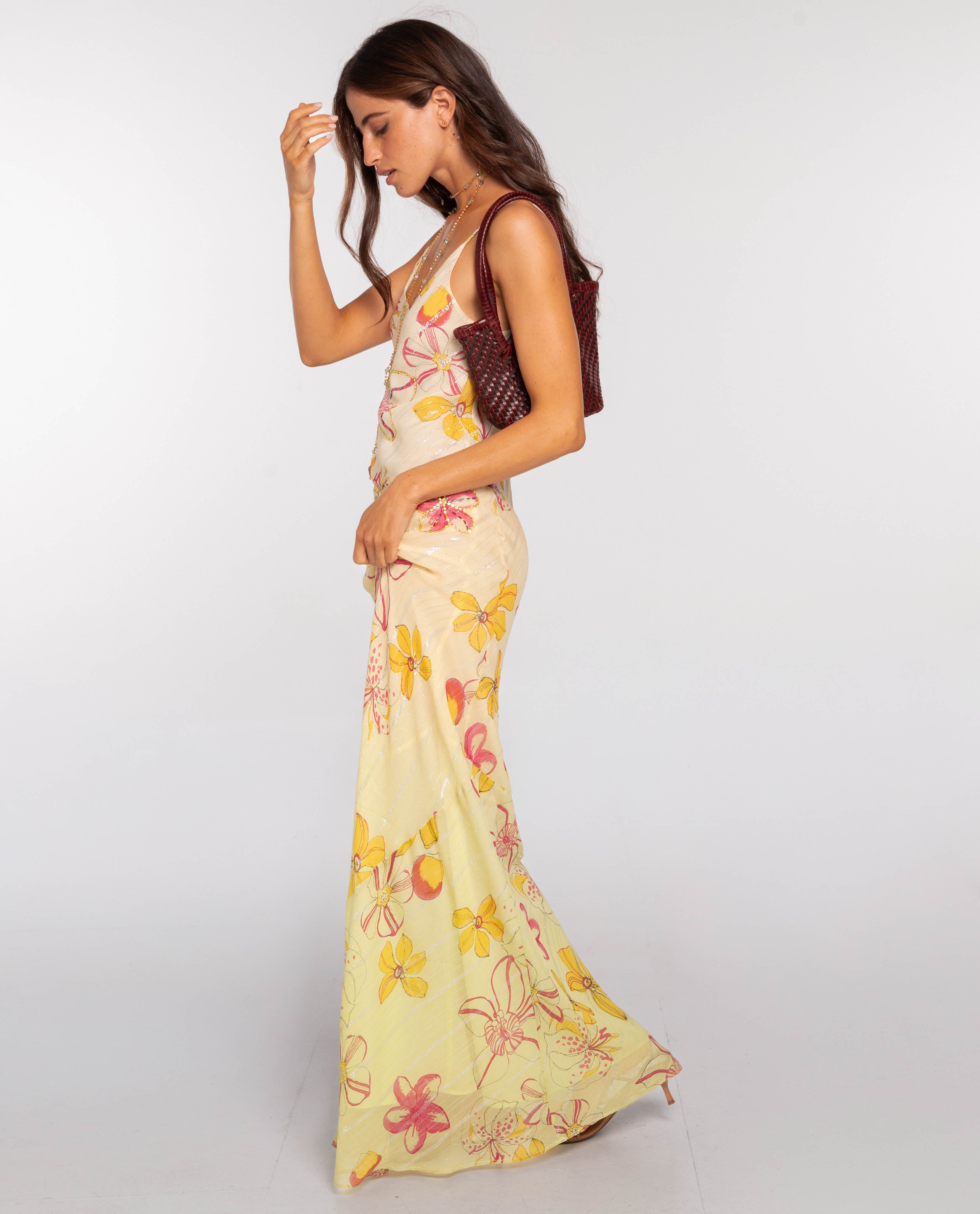 Robe longue à imprimé fleuri et broderie main, THE-ARE