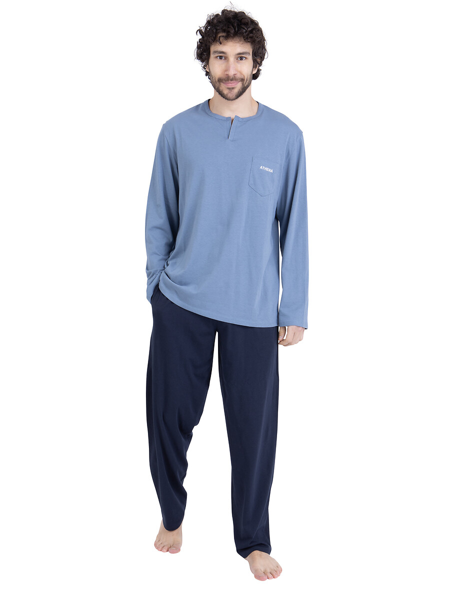Pyjama long en coton, col ouvert, ATHENA
