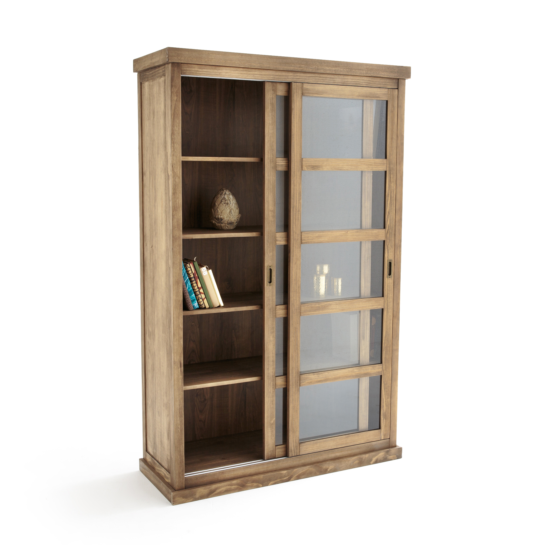 Lunja Bookcase With 2 Sliding Doors, Solid Wood Bookcase Sliding Doors