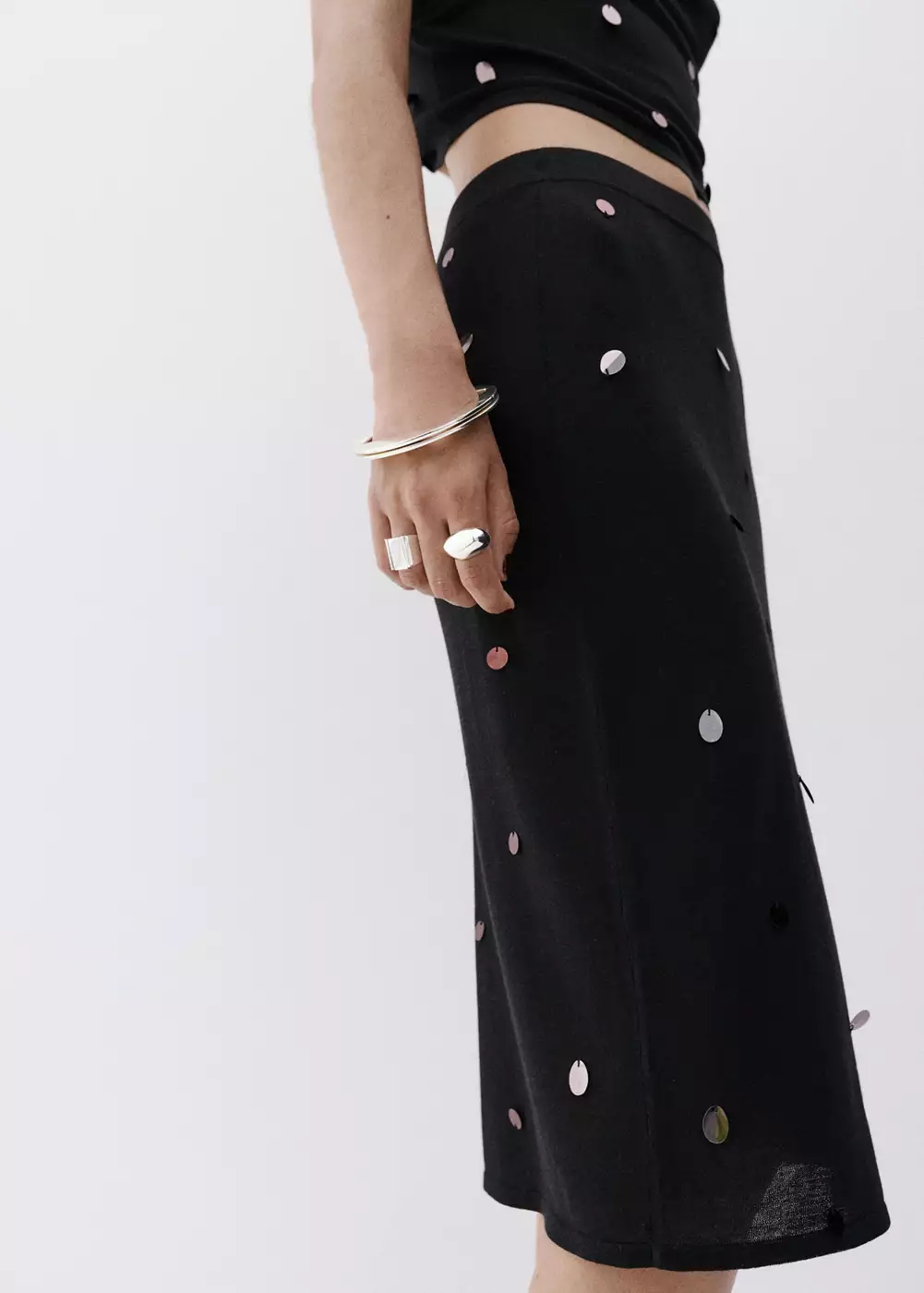 Jupe midi en maille à paillettes, MANGO