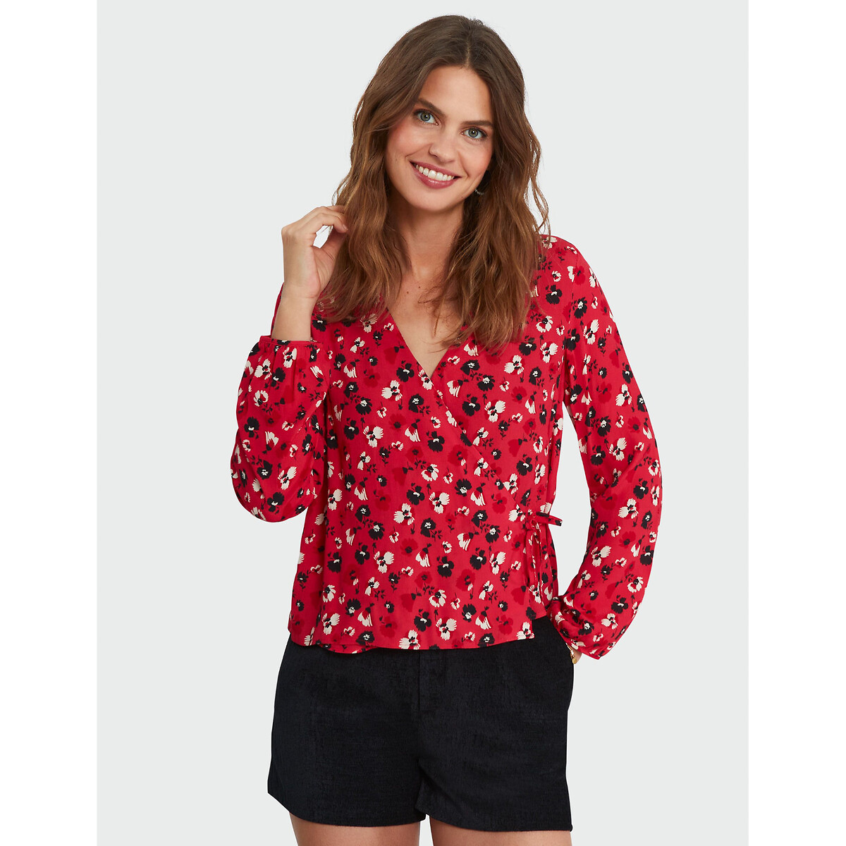 Floral Print Wrapover Blouse with Long Sleeves