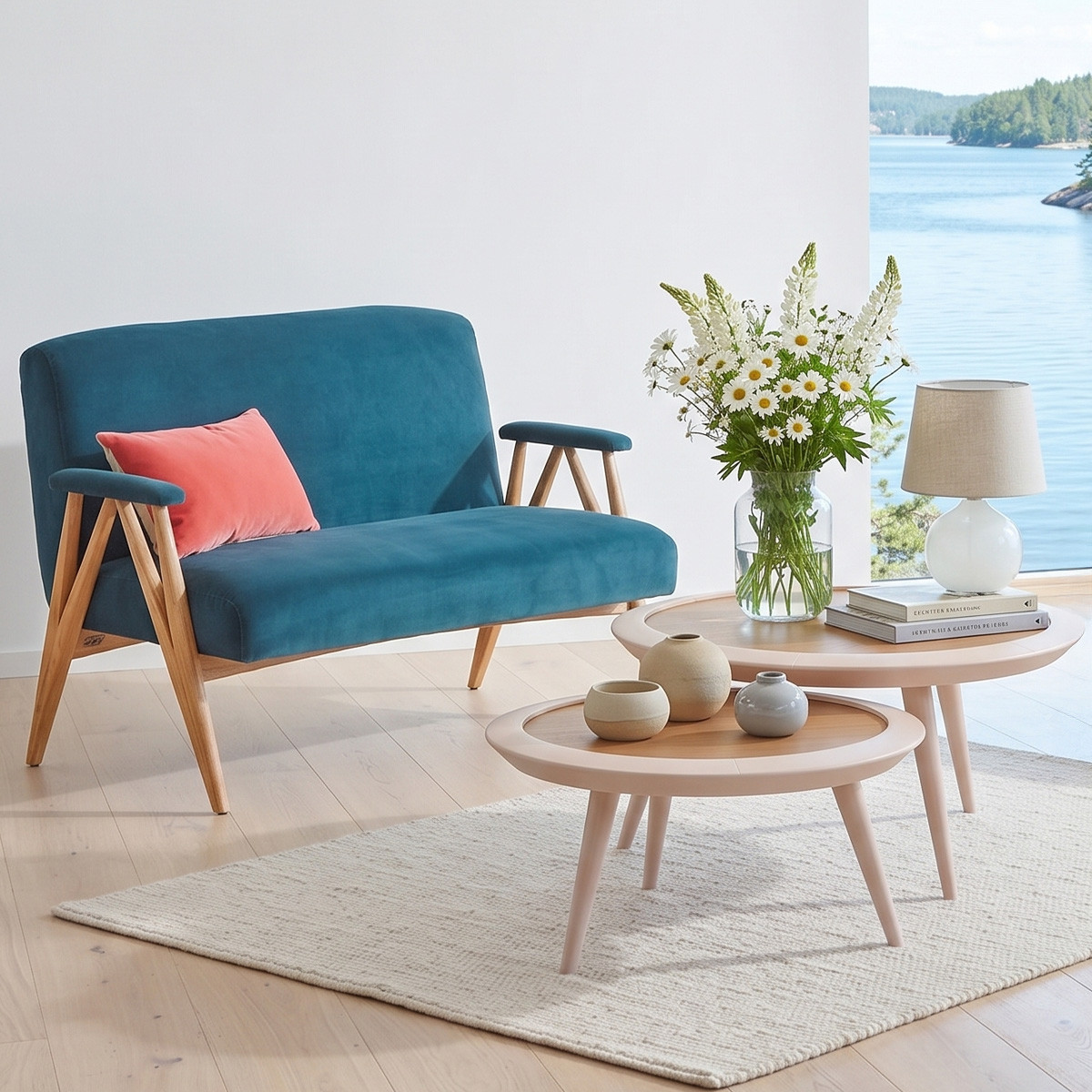 Banquette style scandinave 2 places en hévéa massif et velours WILLY, ROBIN DES BOIS