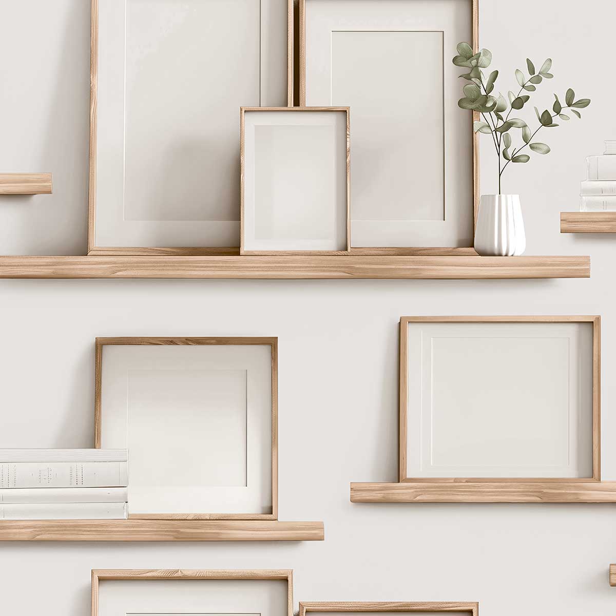 Papier peint étagères cadres bois minimaliste, HEXOA