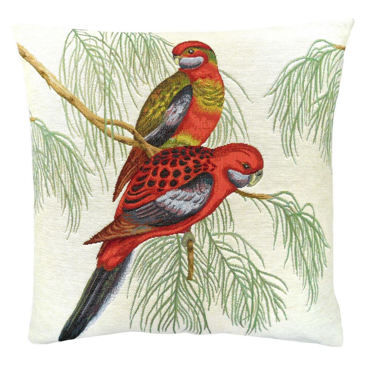 coussin 2 perroquets rouges made in france, france