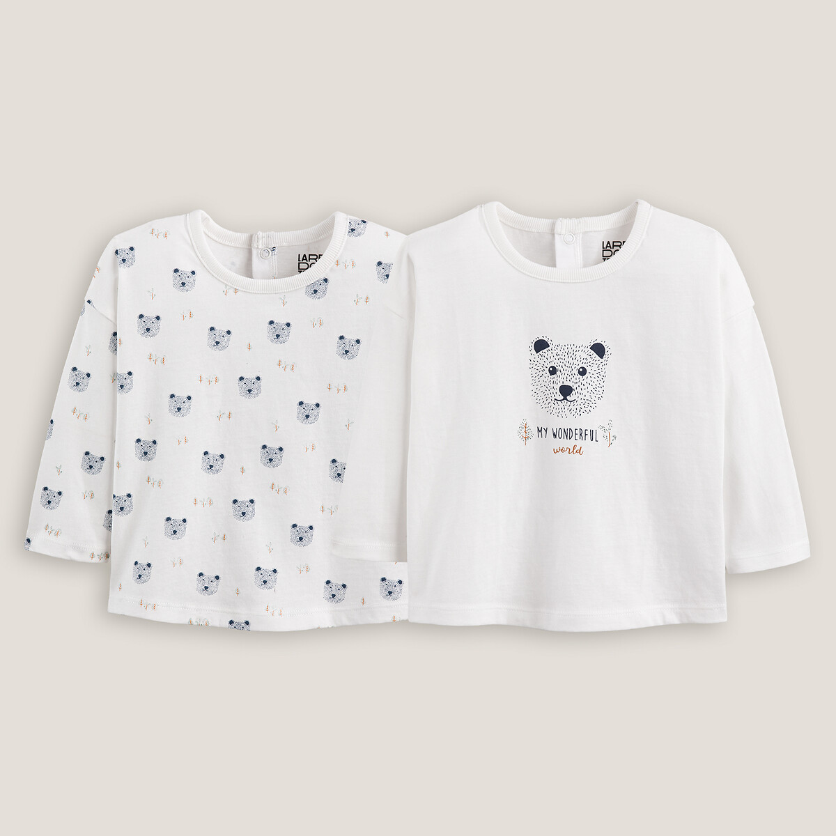 Pack of 2 T-Shirts in Bear Print Cotton with Long Sleeves